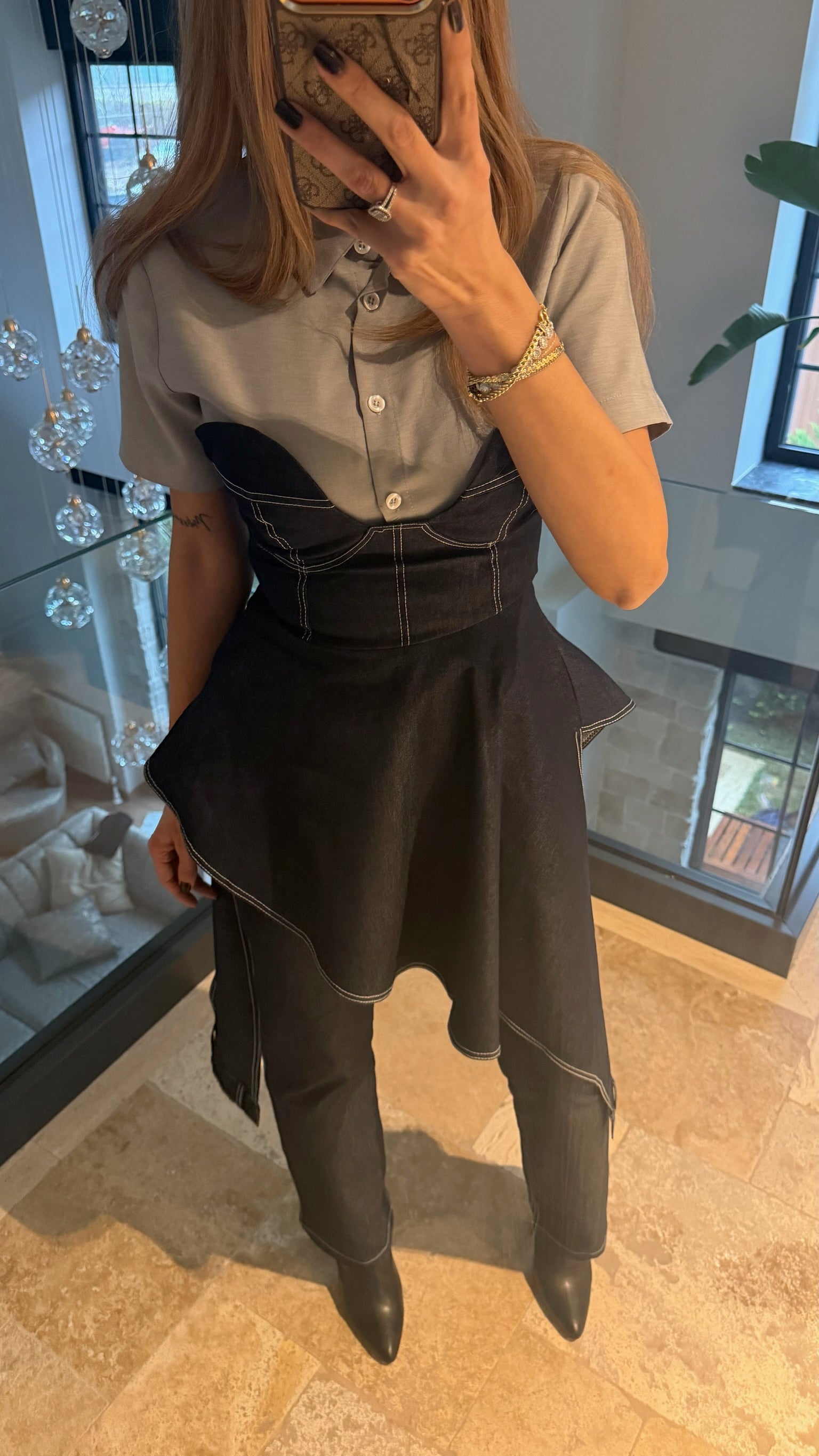 Asimetrik Kesimli Kot Büstiyer Pantolon Gömlek Üçlü Takım Siyah