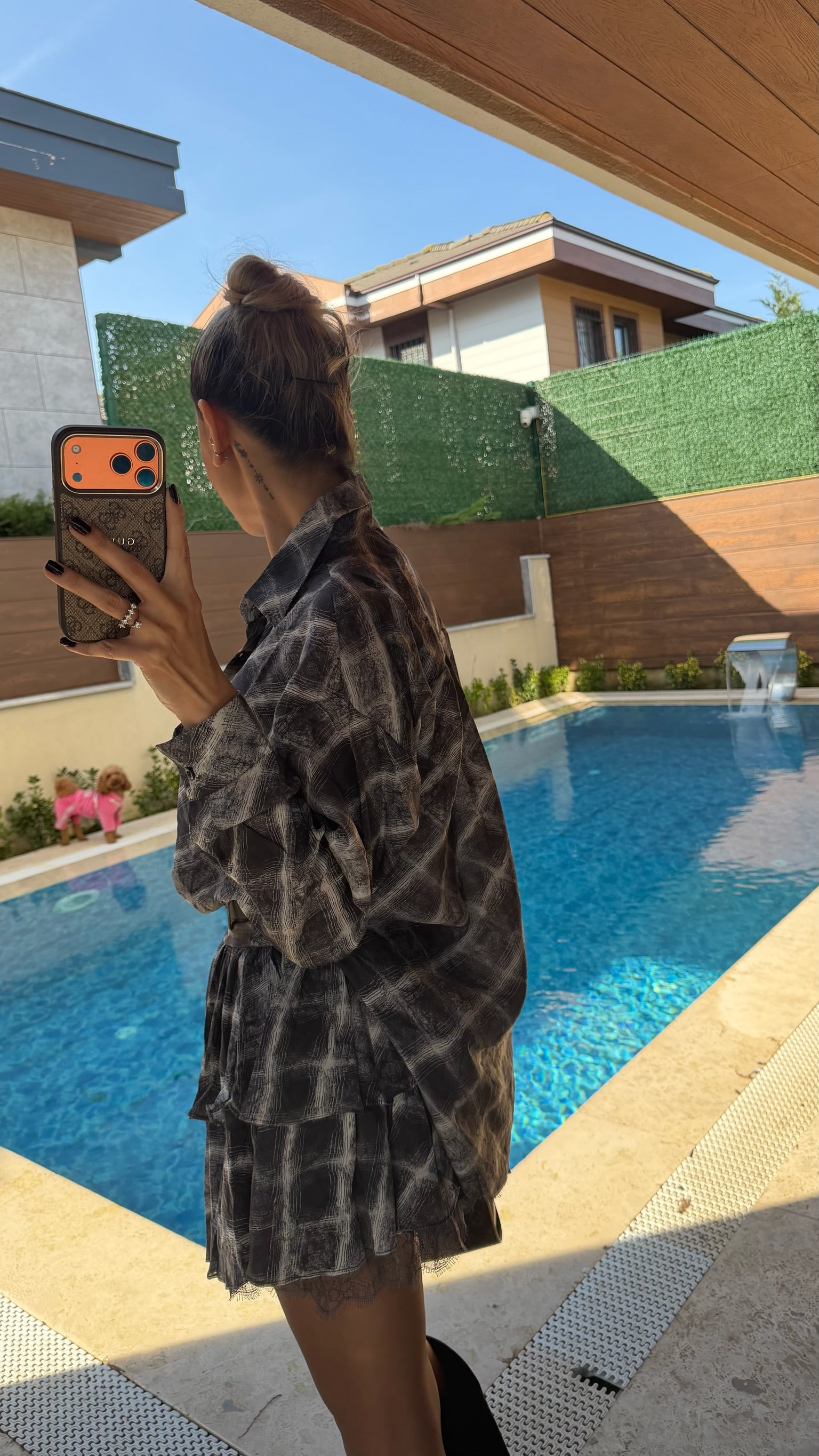 Ekose Desenli Kemerli Gömlek Etek Takım Siyah