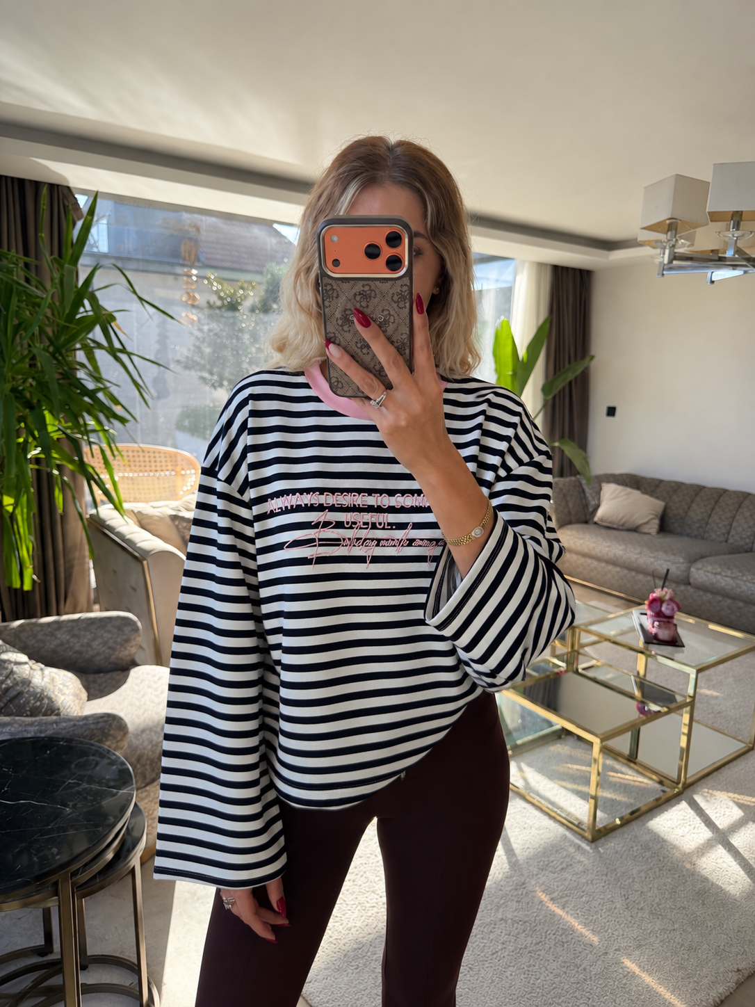 Mimoza Çizgili Yazı Detaylı Pembe Sweat