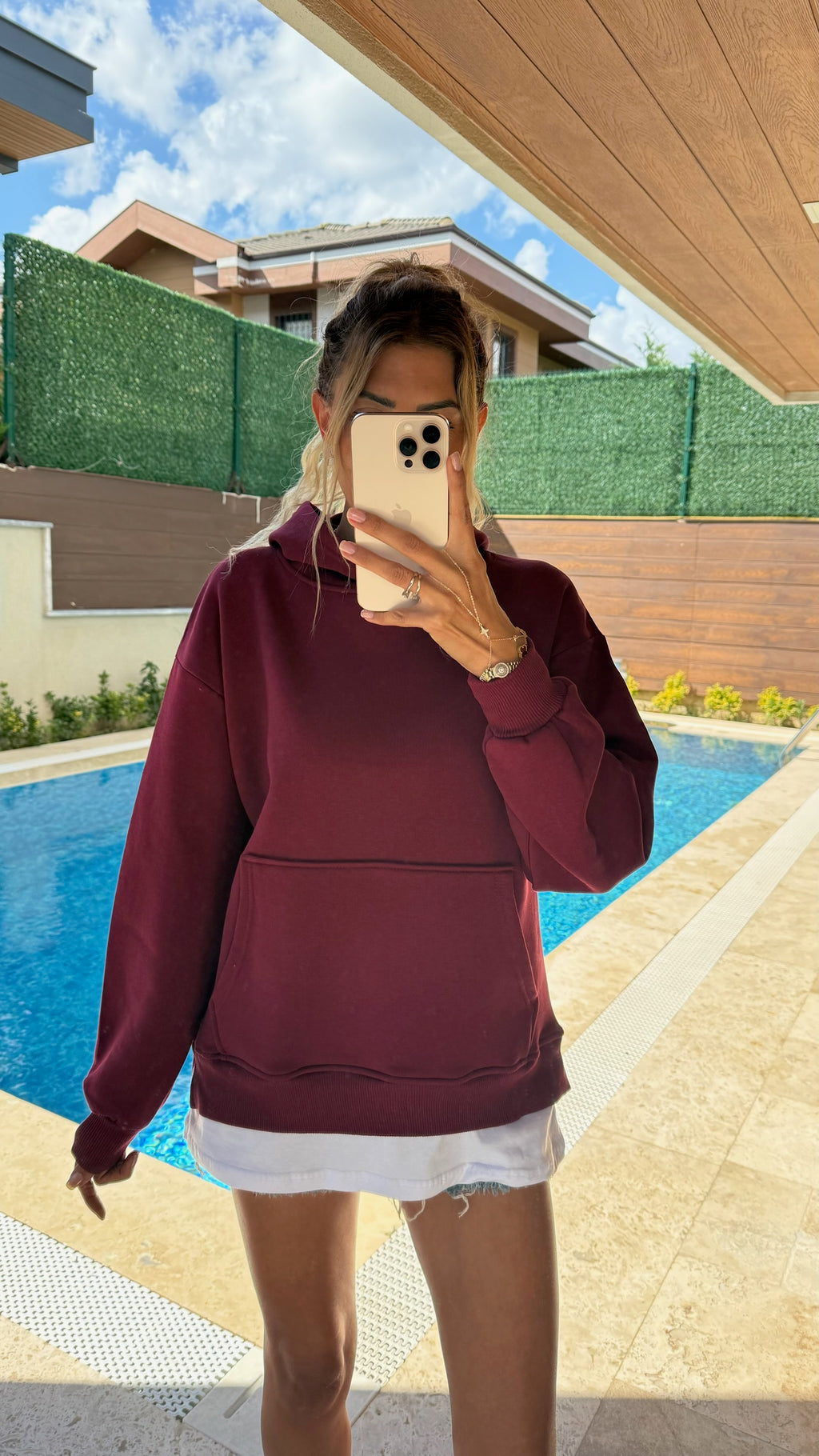 Tişört Detaylı Kapüşonlu Sweatshirt Bordo