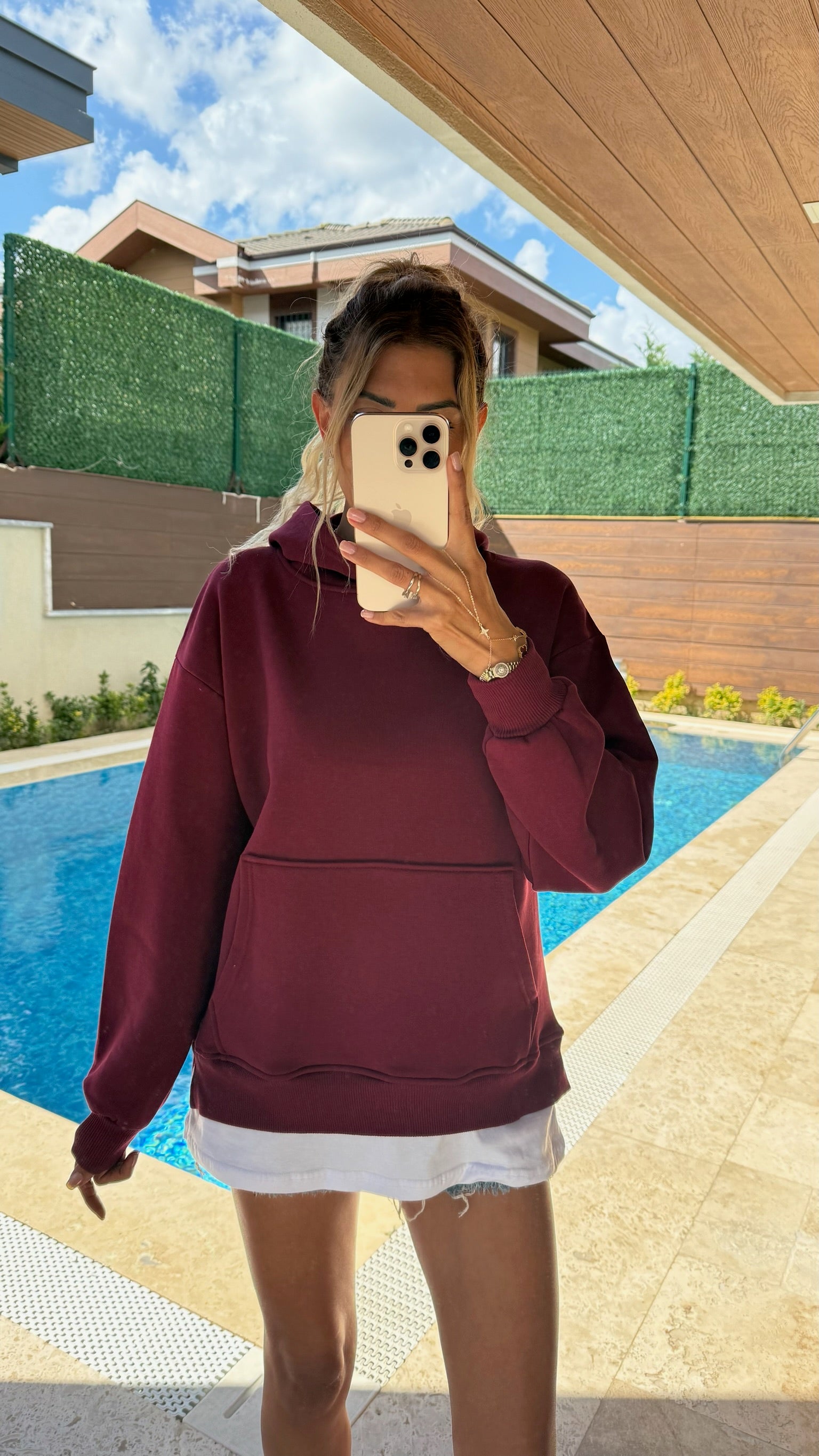 Tişört Detaylı Kapüşonlu Sweatshirt Bordo