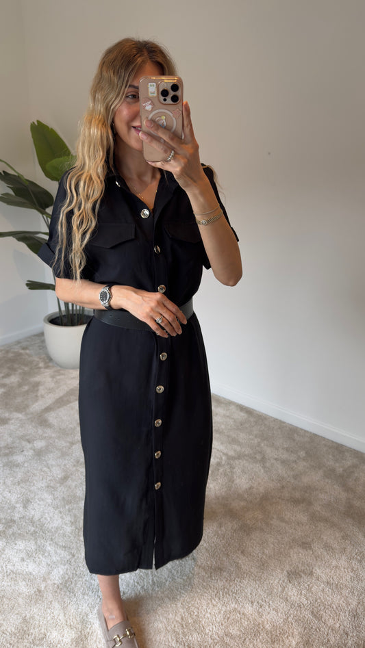 Tencel Kemerli Elbise Siyah