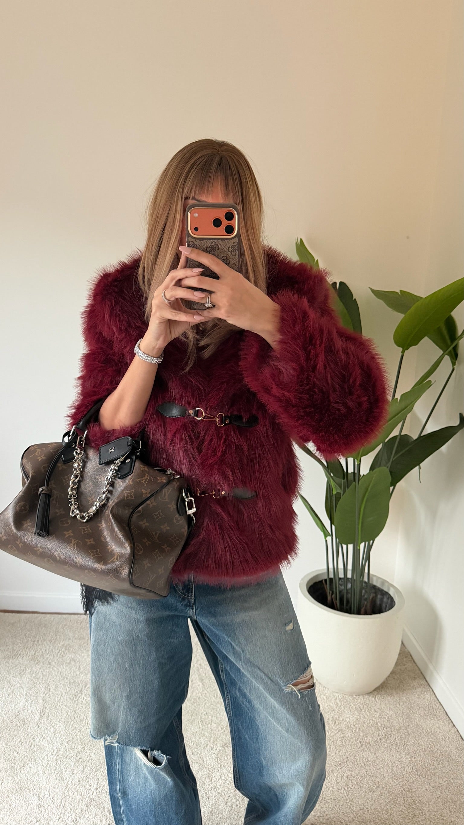 Kemer Detaylı Premium Süni Kürk Bordo