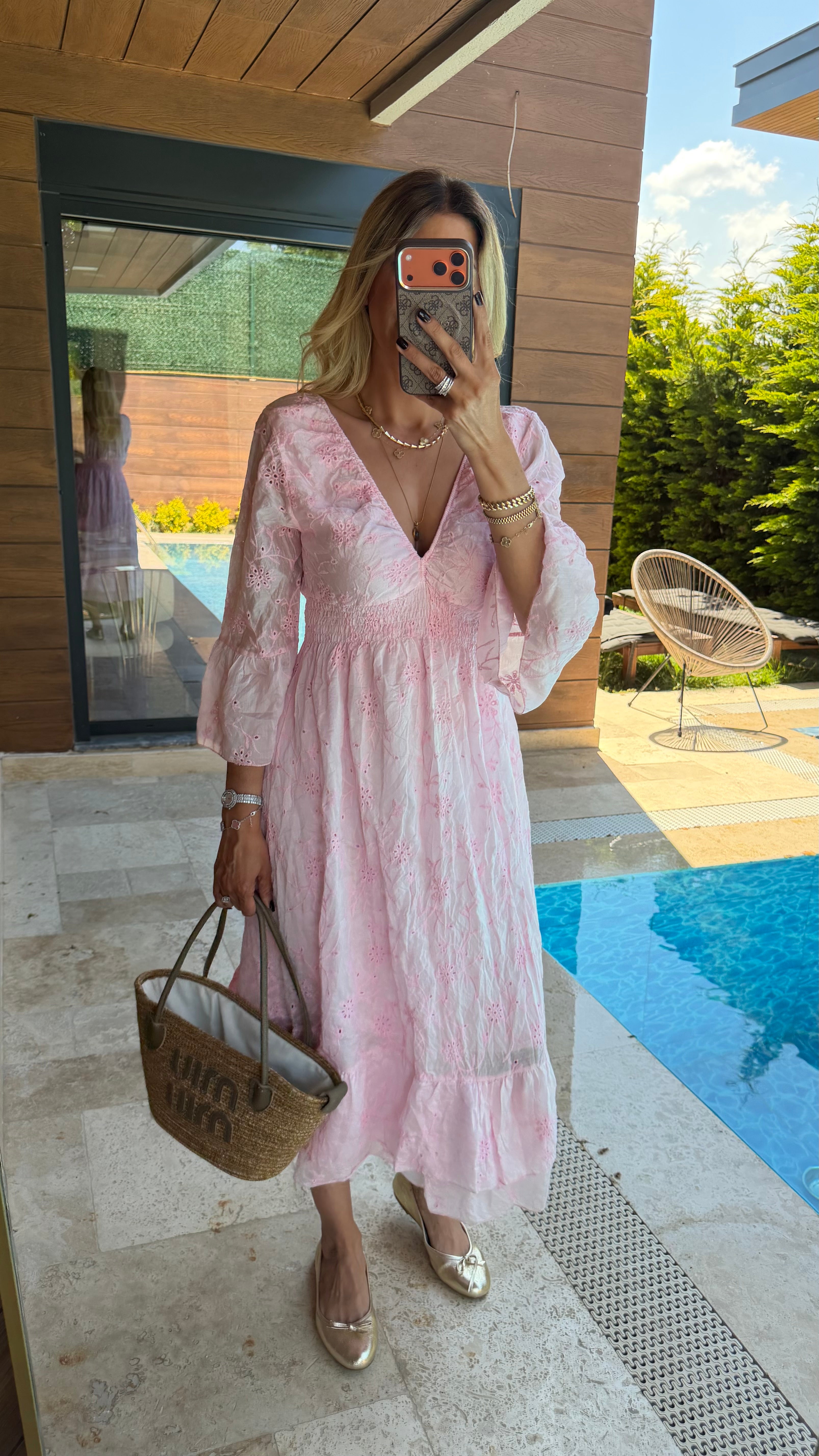Marry V Yaka Beli Büzgülü Kiloş Elbise Pembe