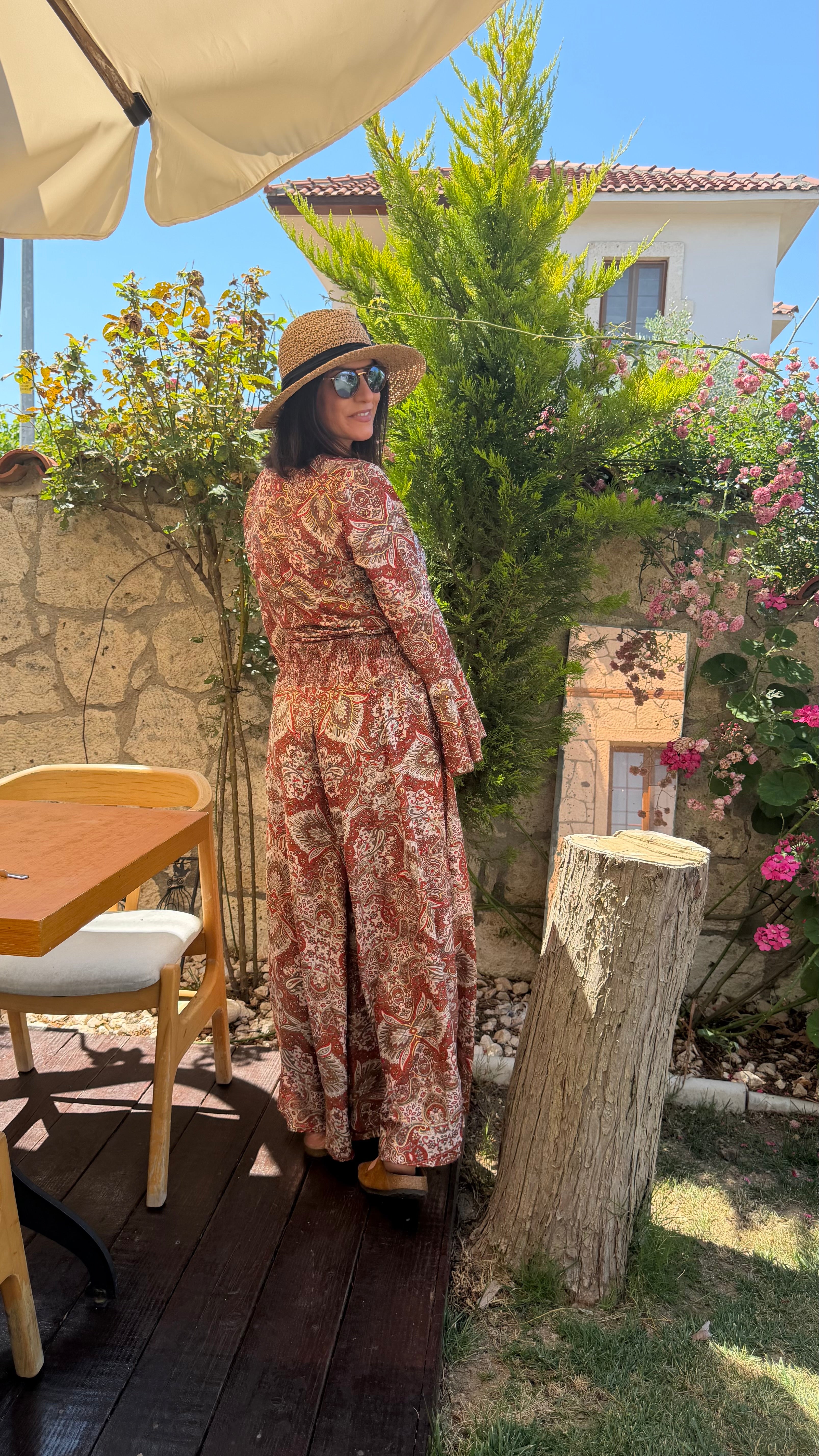 Lavinia İpek Kruvaze Bluz Pantolon Takım Kahverengi