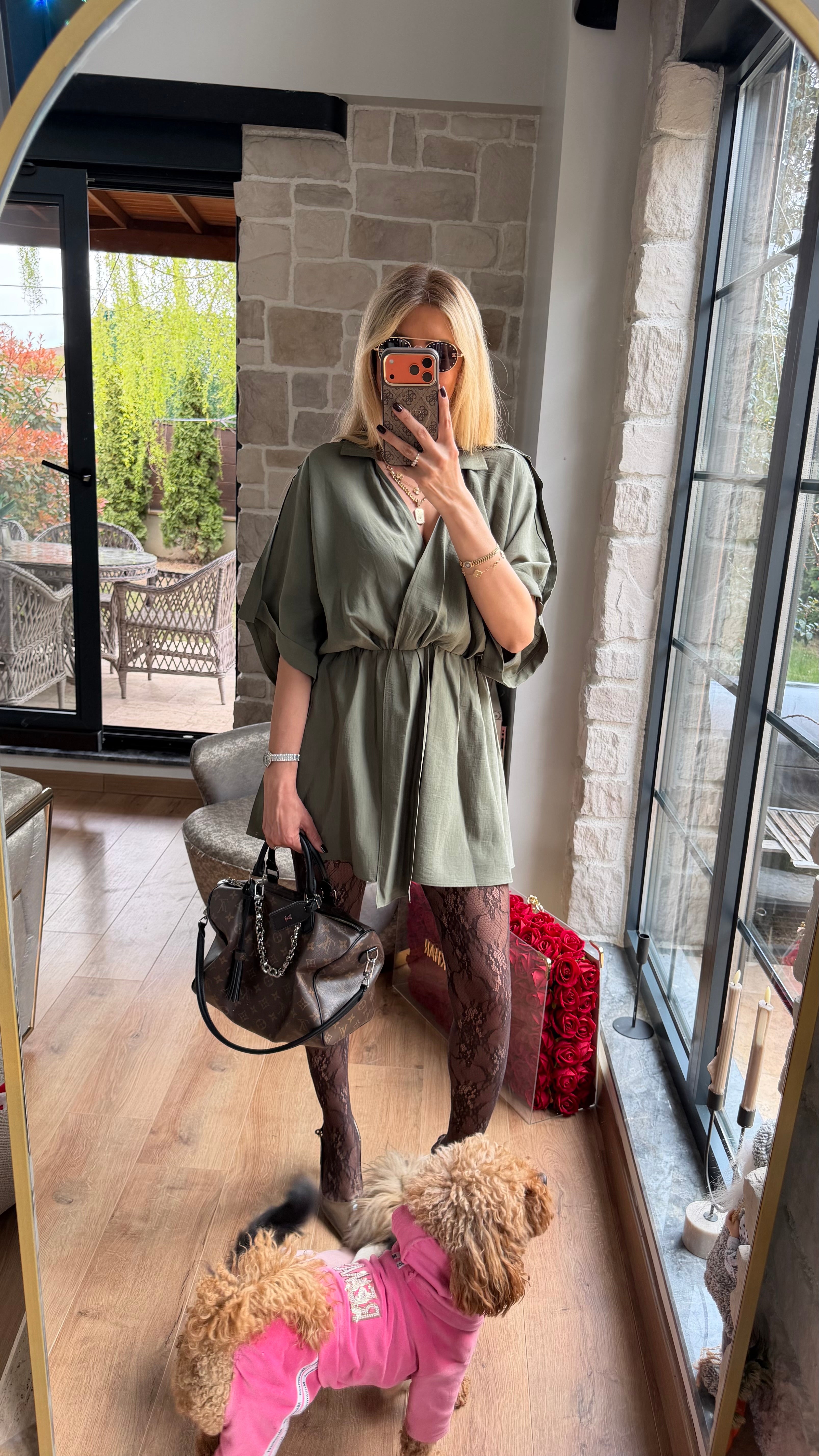 Modal V Yaka Belden Büzgülü Salaş Kesim Mini Elbise Haki