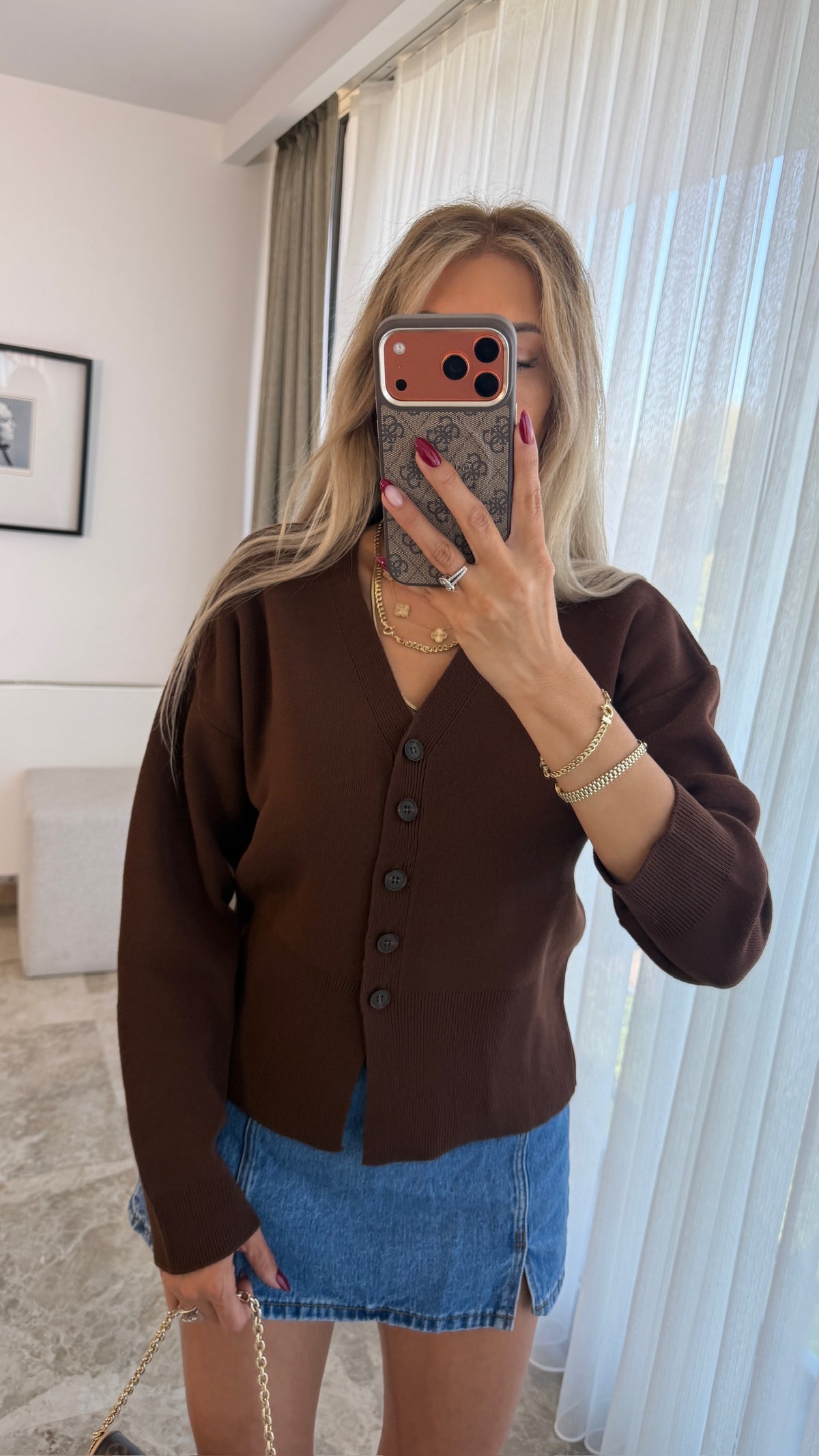 Lina Düğmeli V Yaka  Düğmeli Kahverengi Triko Hırka