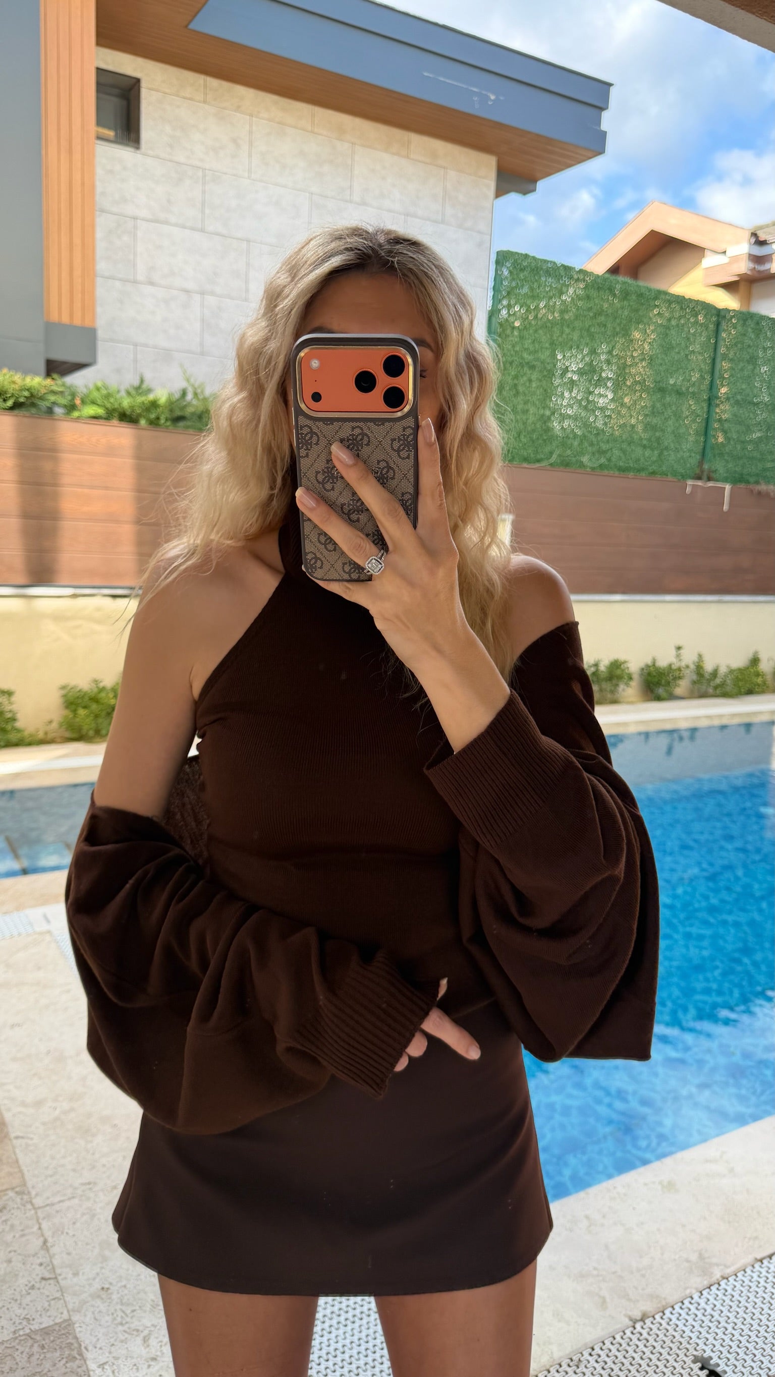 Bolero Sırtı Açık Boğazlı İkili Triko Takım Kahverengi