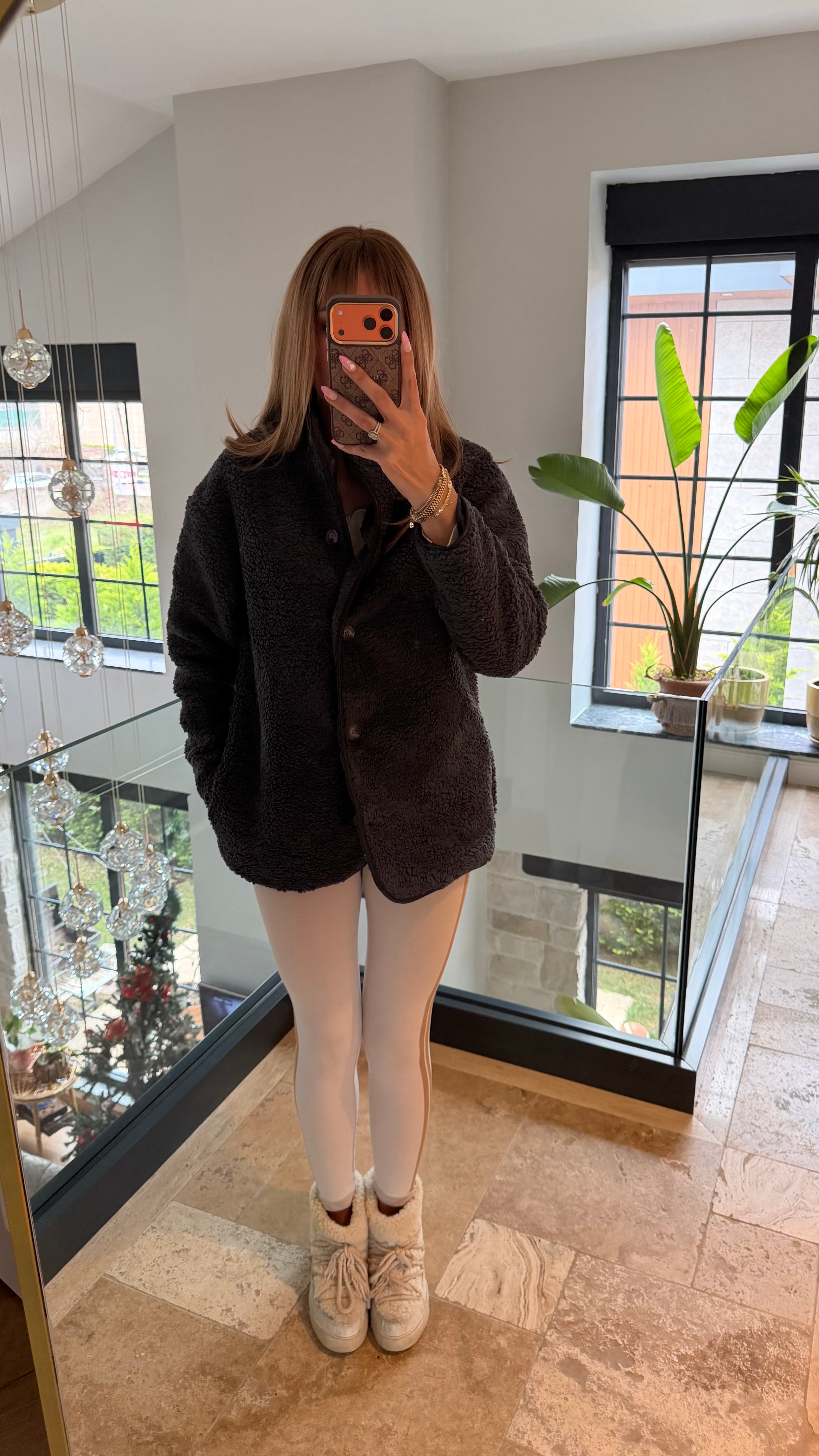 Düğmeli Deri Detaylı Peluş Oversize Ceket Antrasit