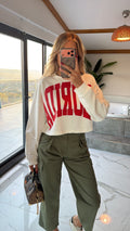 Ekru Kırmızı Baskılı Crop Sweatshirt Kadın