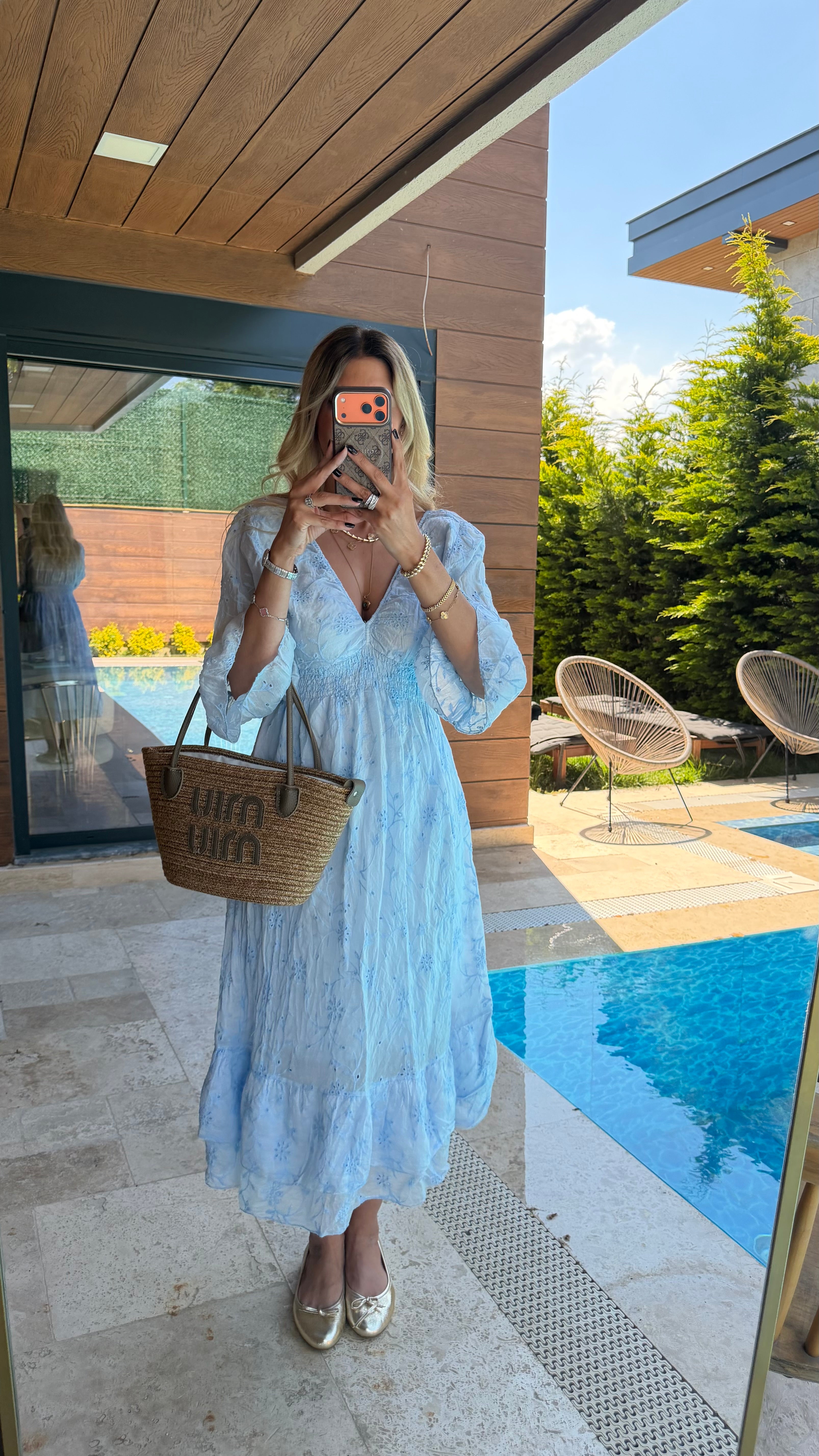 Marry V Yaka Beli Büzgülü Kiloş Elbise Mavi