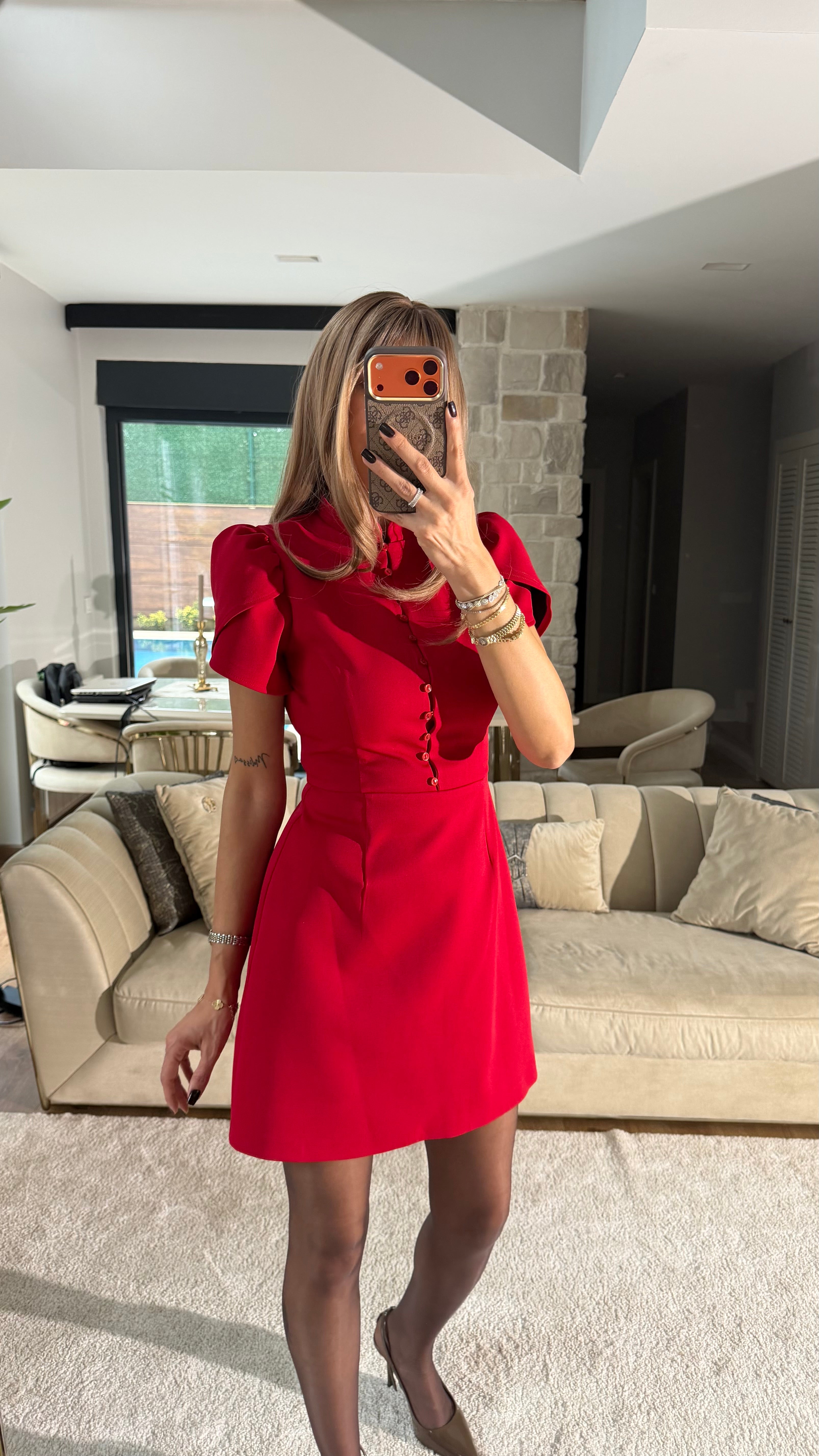 Brit Düğme Detaylı Mini Elbise - Kırmızı