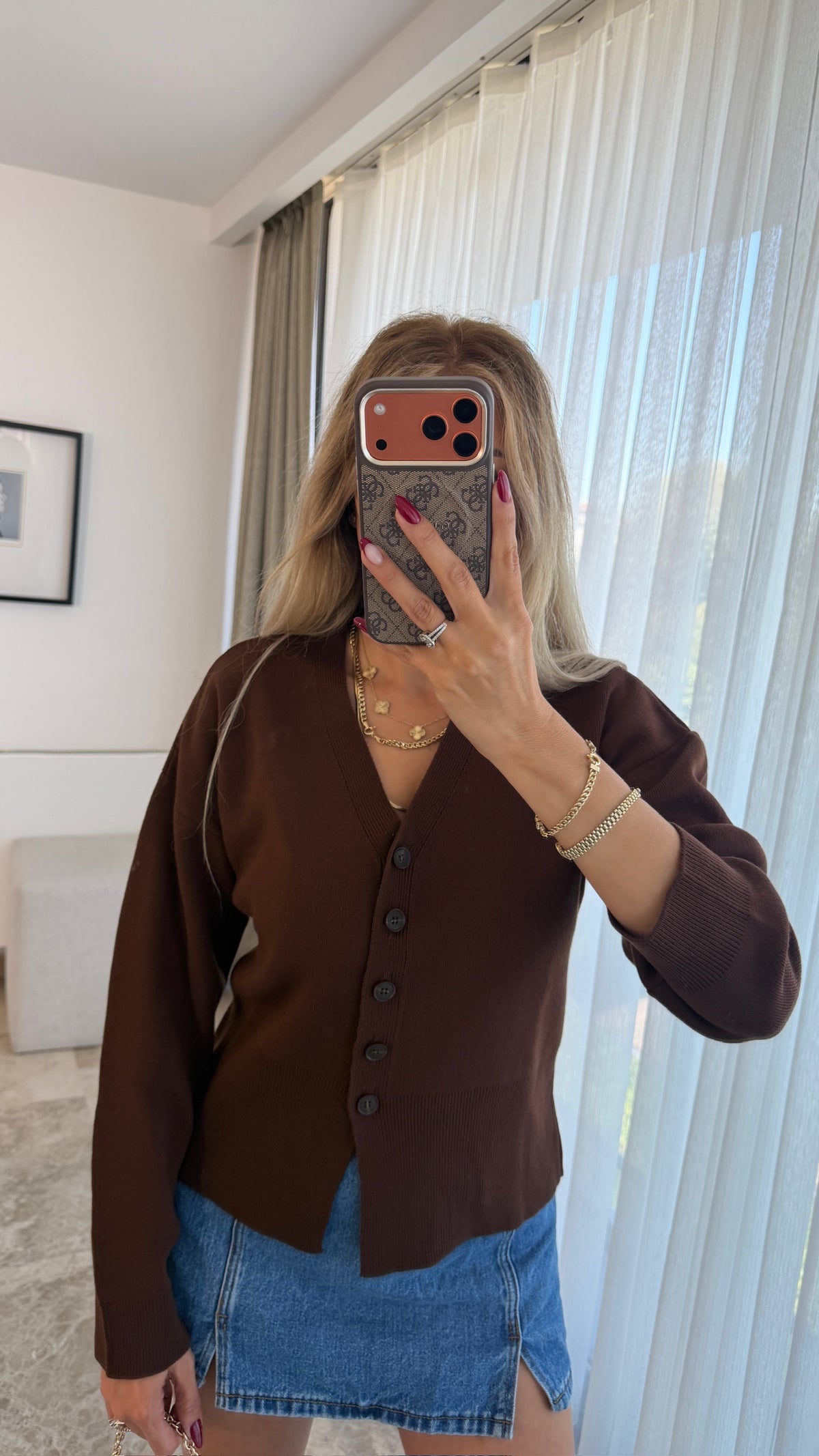Lina Düğmeli V Yaka  Düğmeli Kahverengi Triko Hırka