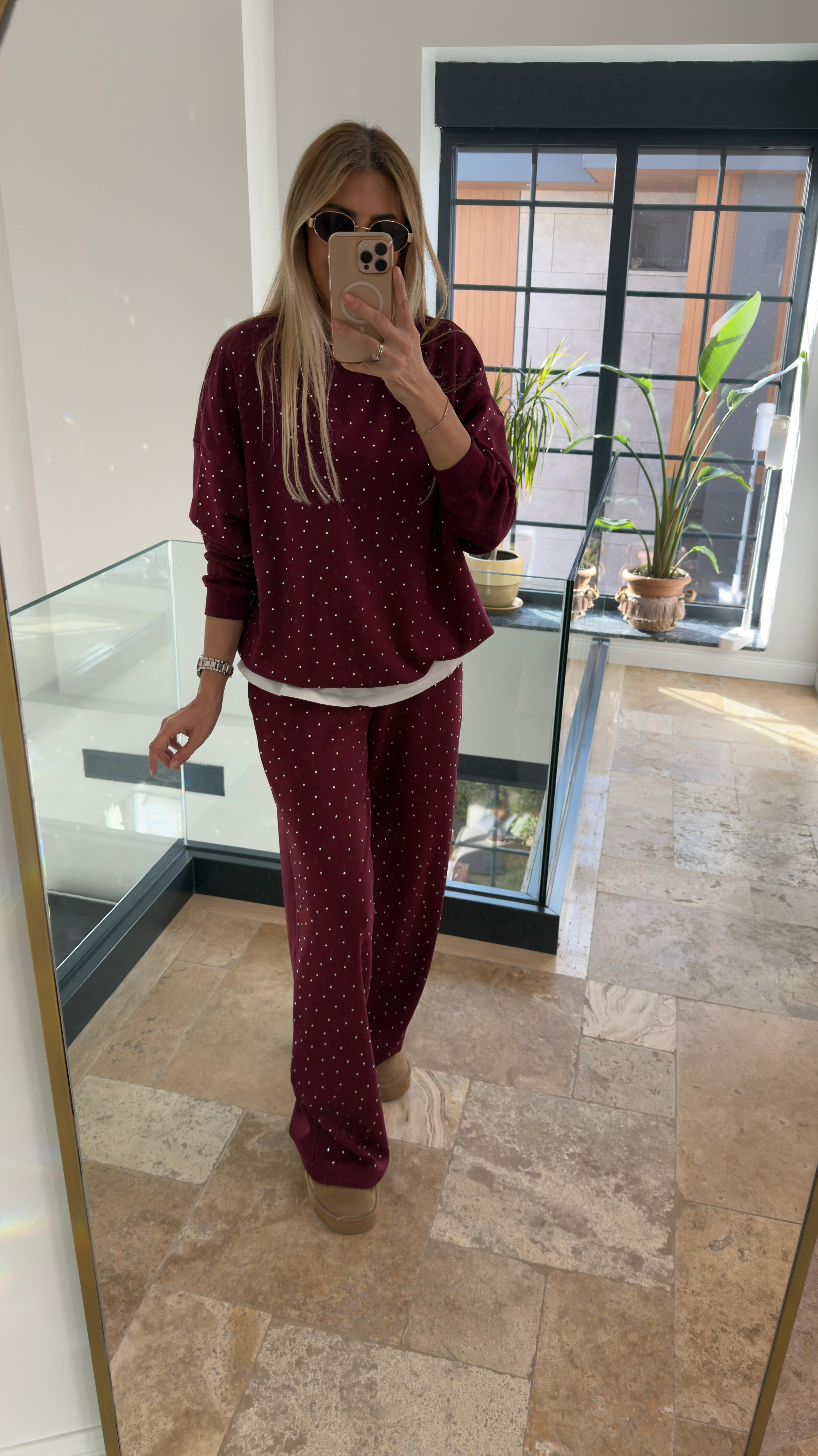 Oysh Taş Detaylı Takım Bordo