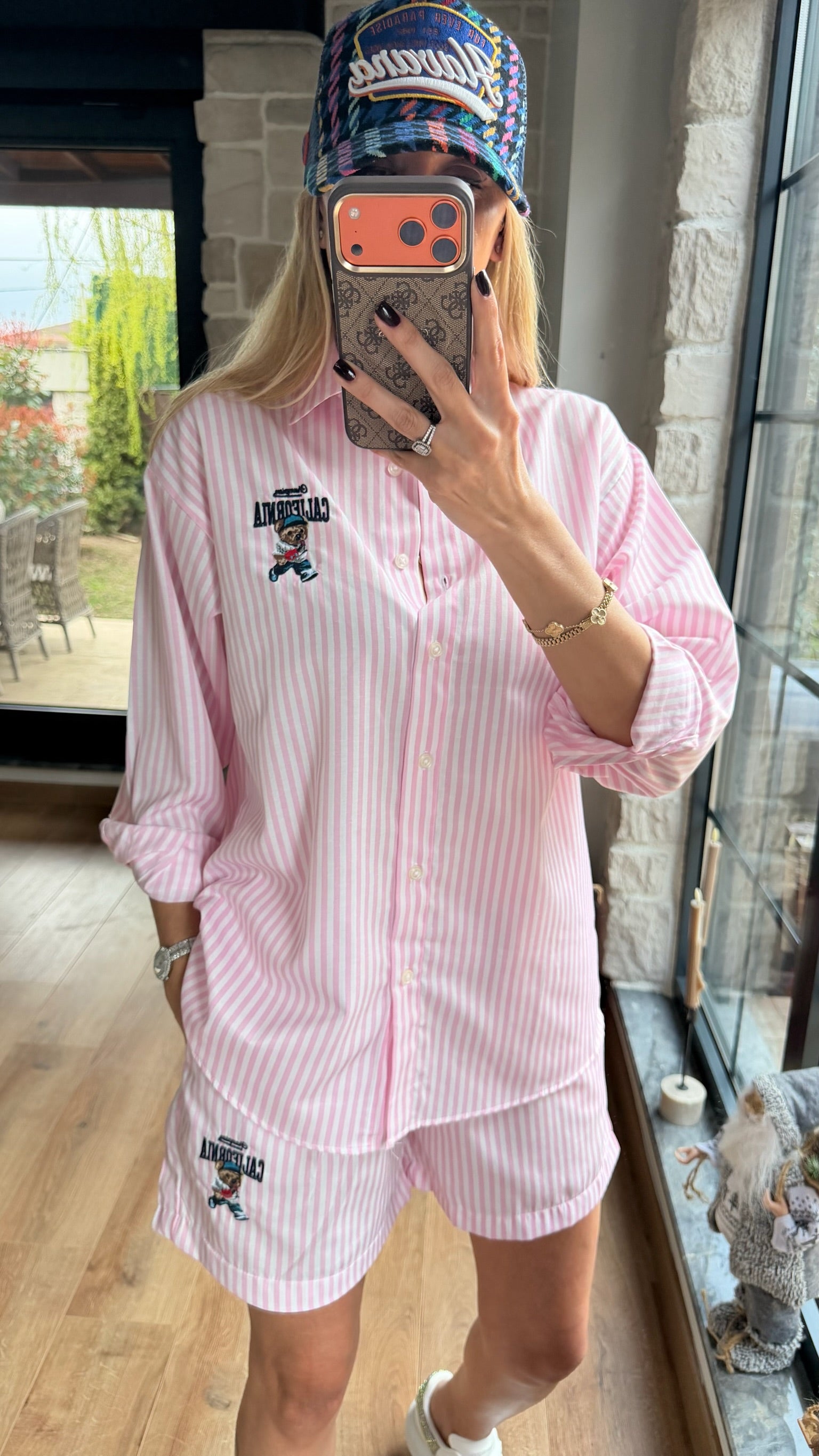 Çizgili Gömlek Şort Takım Pembe