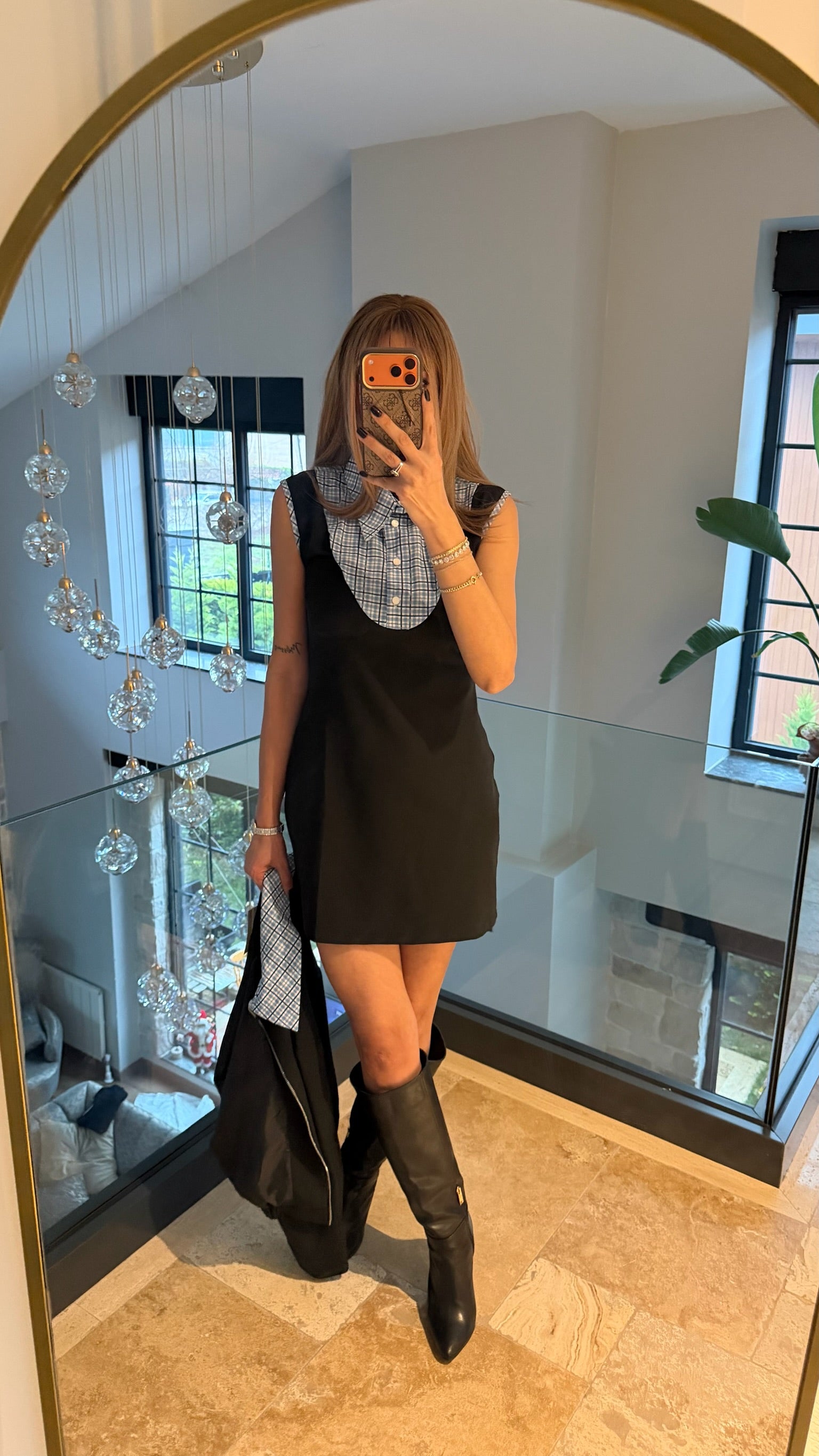 Ekose Yakalık Elbise Ceket Takımı Siyah