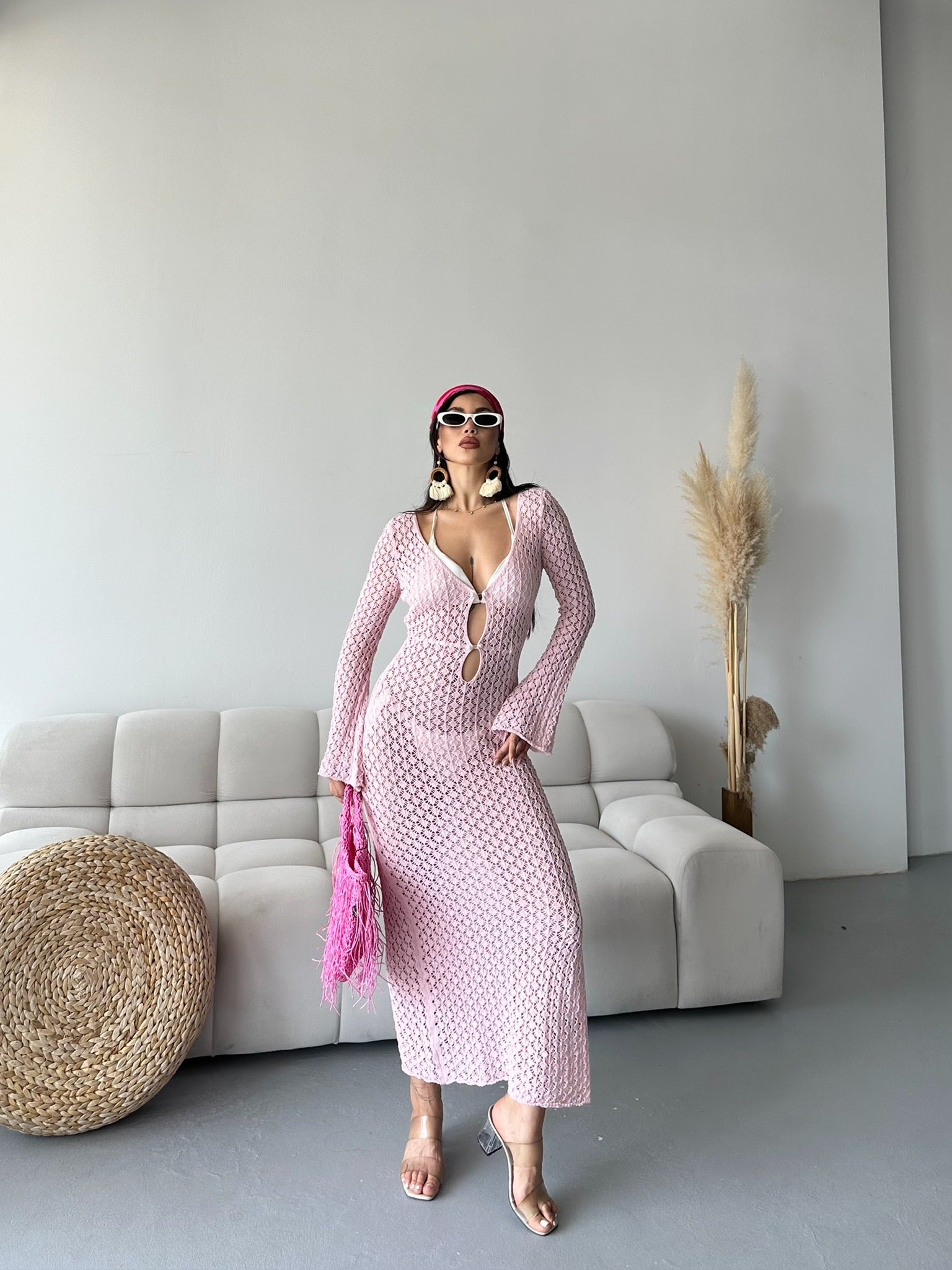 Sea Breeze File Detaylı Plaj Elbisesi Pembe