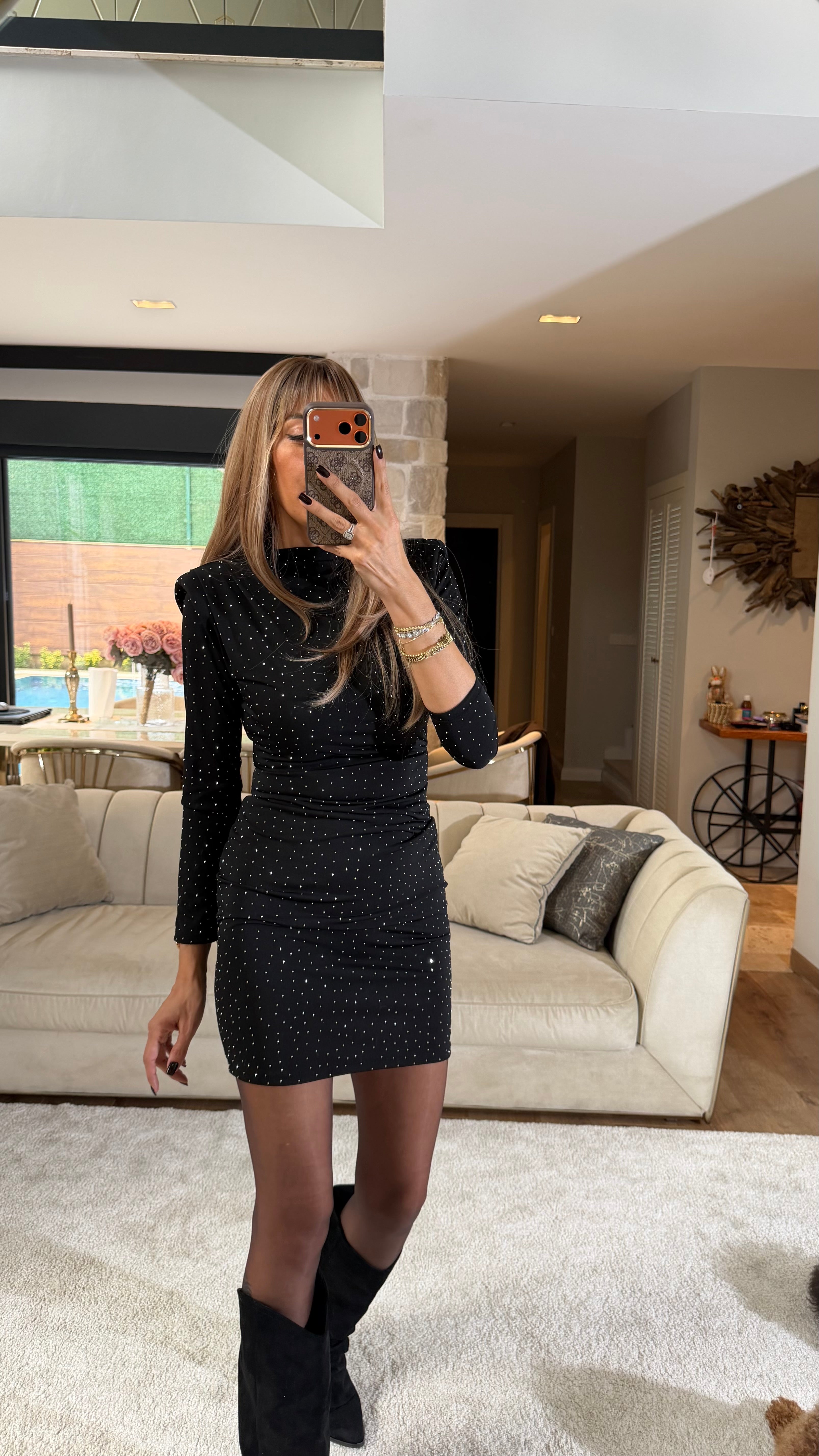 Taş Detaylı Siyah Mini Elbise