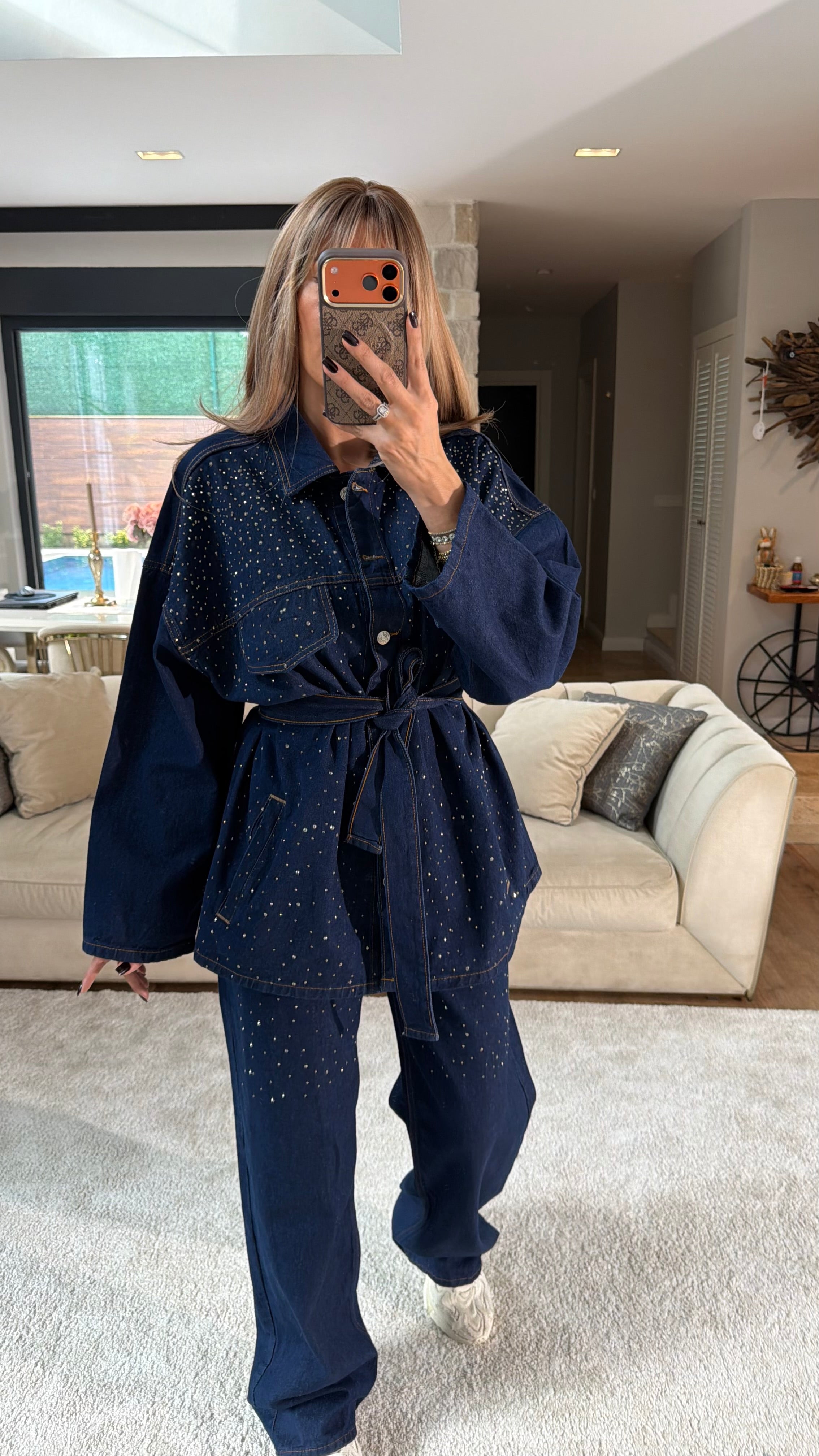 Taşlı Kemerli Kot Ceket Pantolon Takım Lacivert