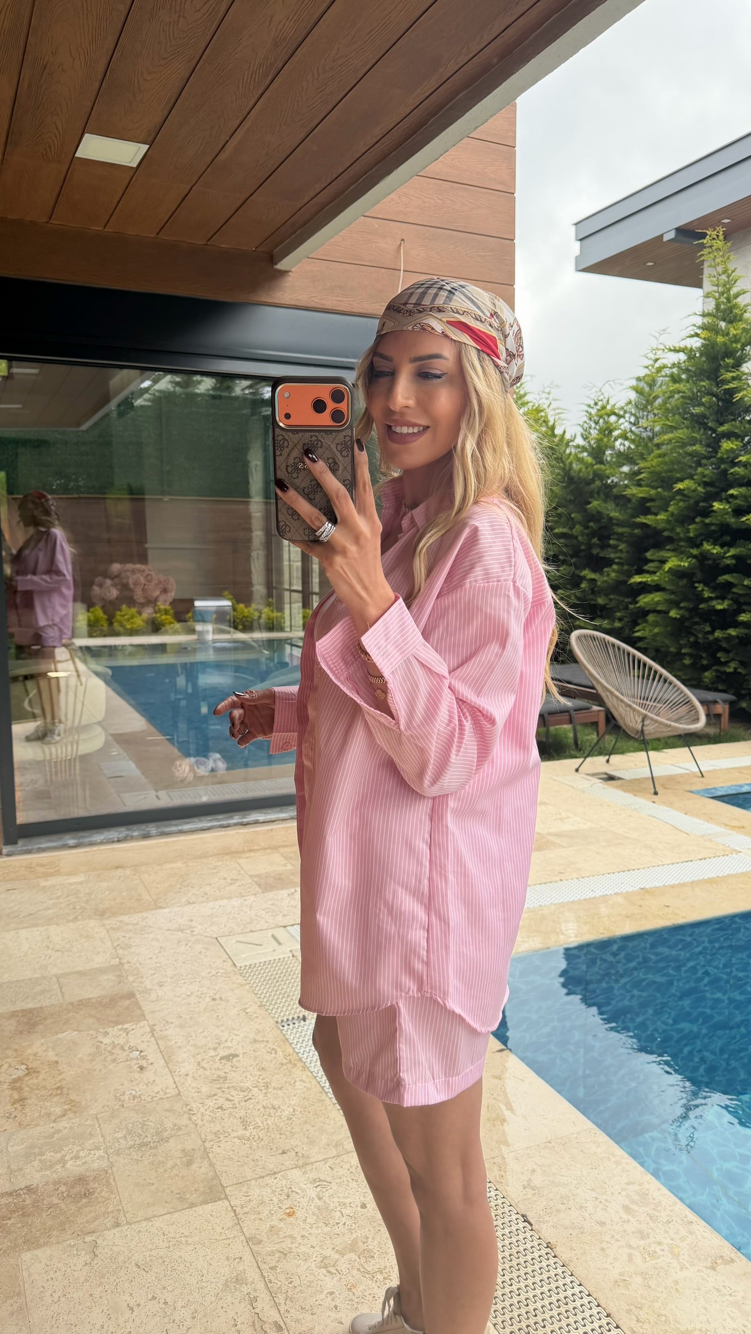 LCST Çizgili Gömlek Şort Takım Pembe