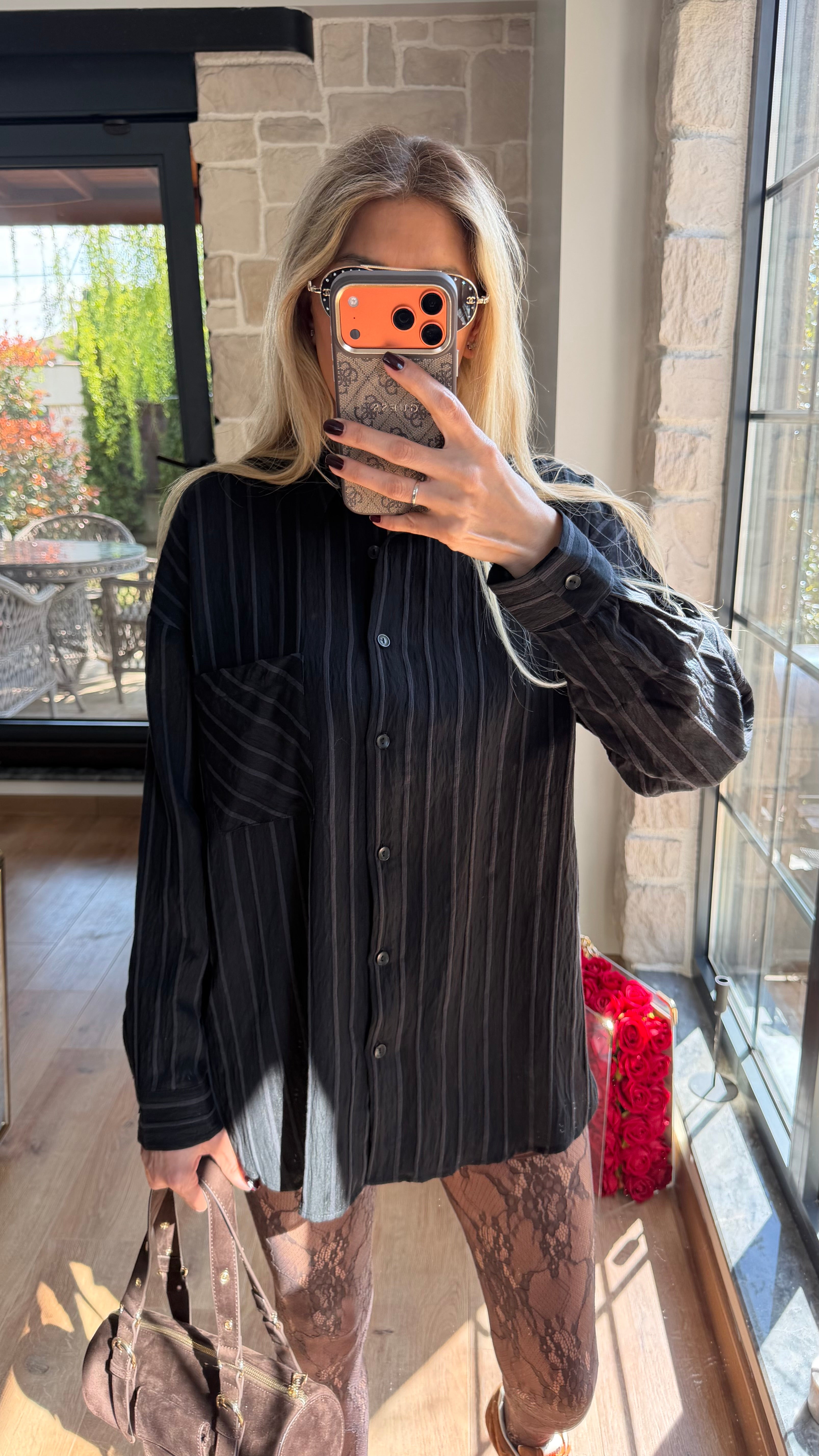 Çizgili Viskon Gömlek Siyah