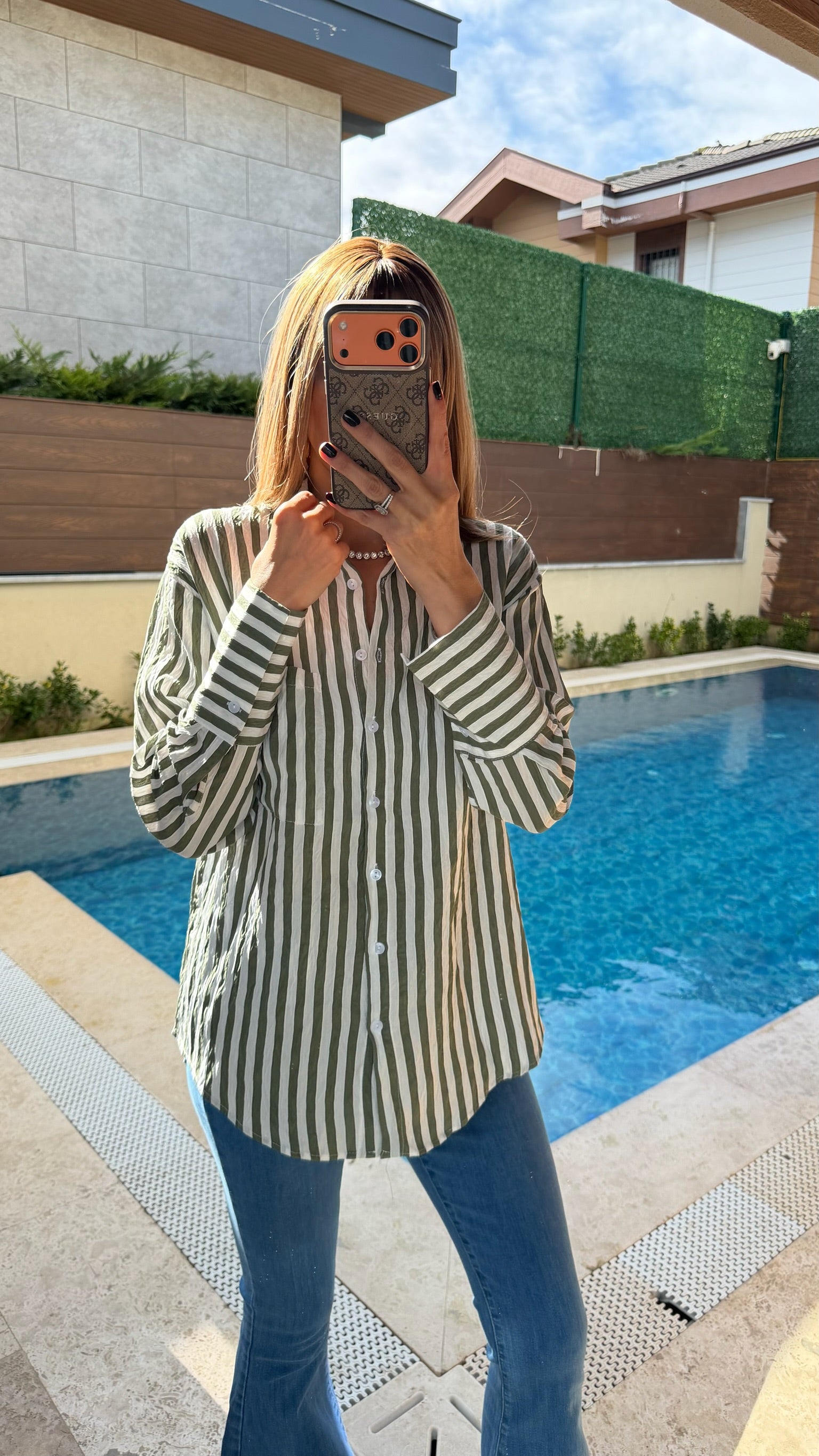 Kalın Çizgili Uzun Kol Gömlek Yeşil