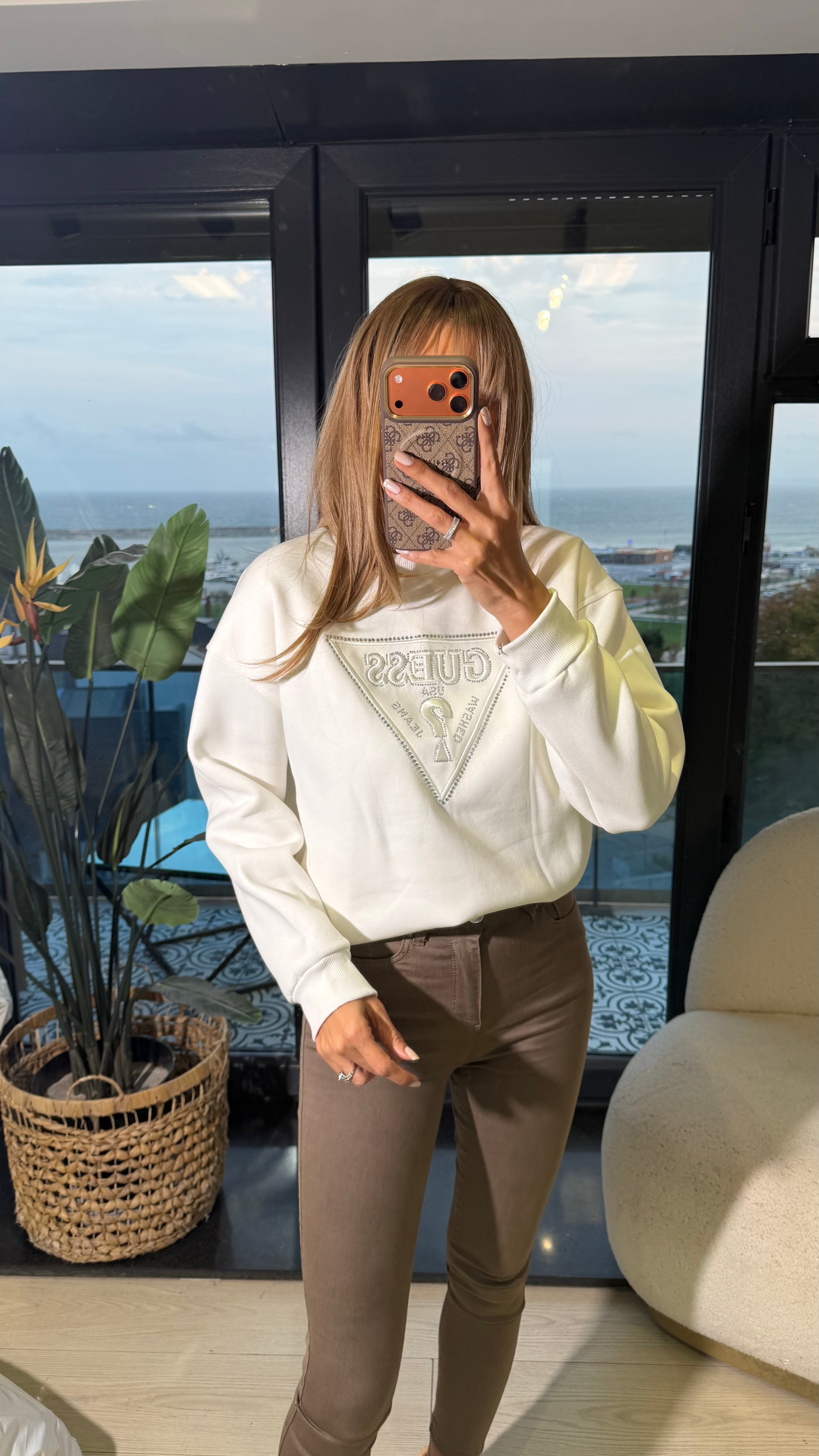 Marka Baskılı Şardonlu Sweatshirt Beyaz