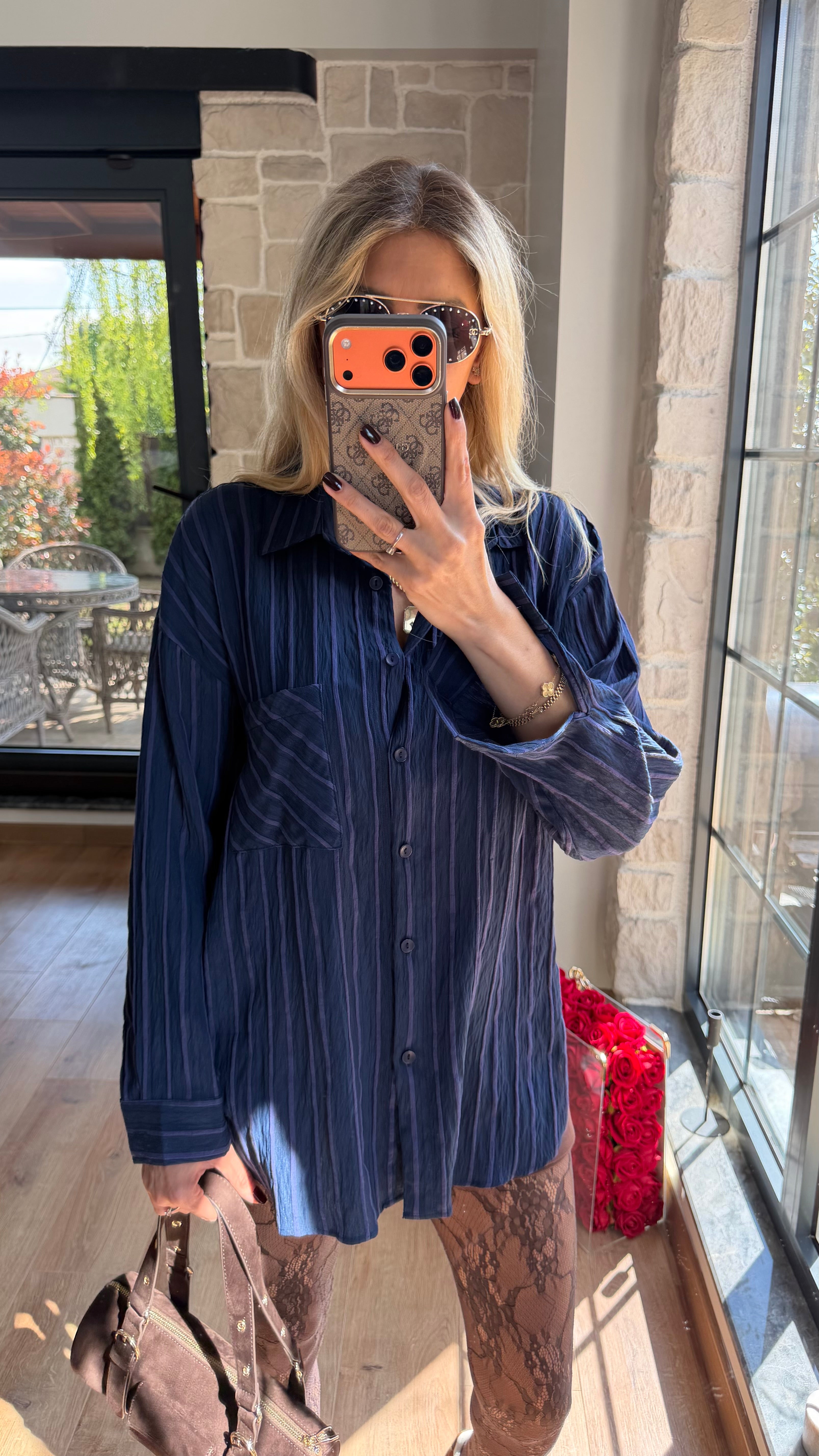 Çizgili Viscon Lacivert Gömlek