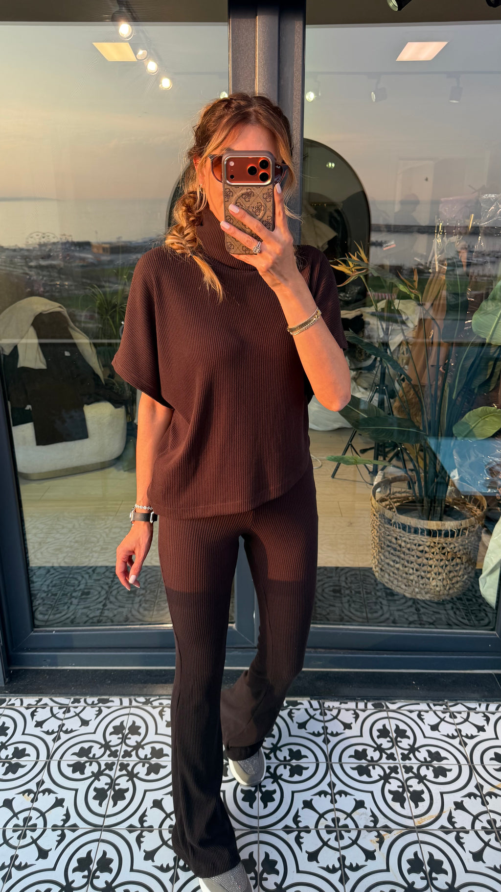 Kısa kollu ispanyol paça ikili takım kahverengi