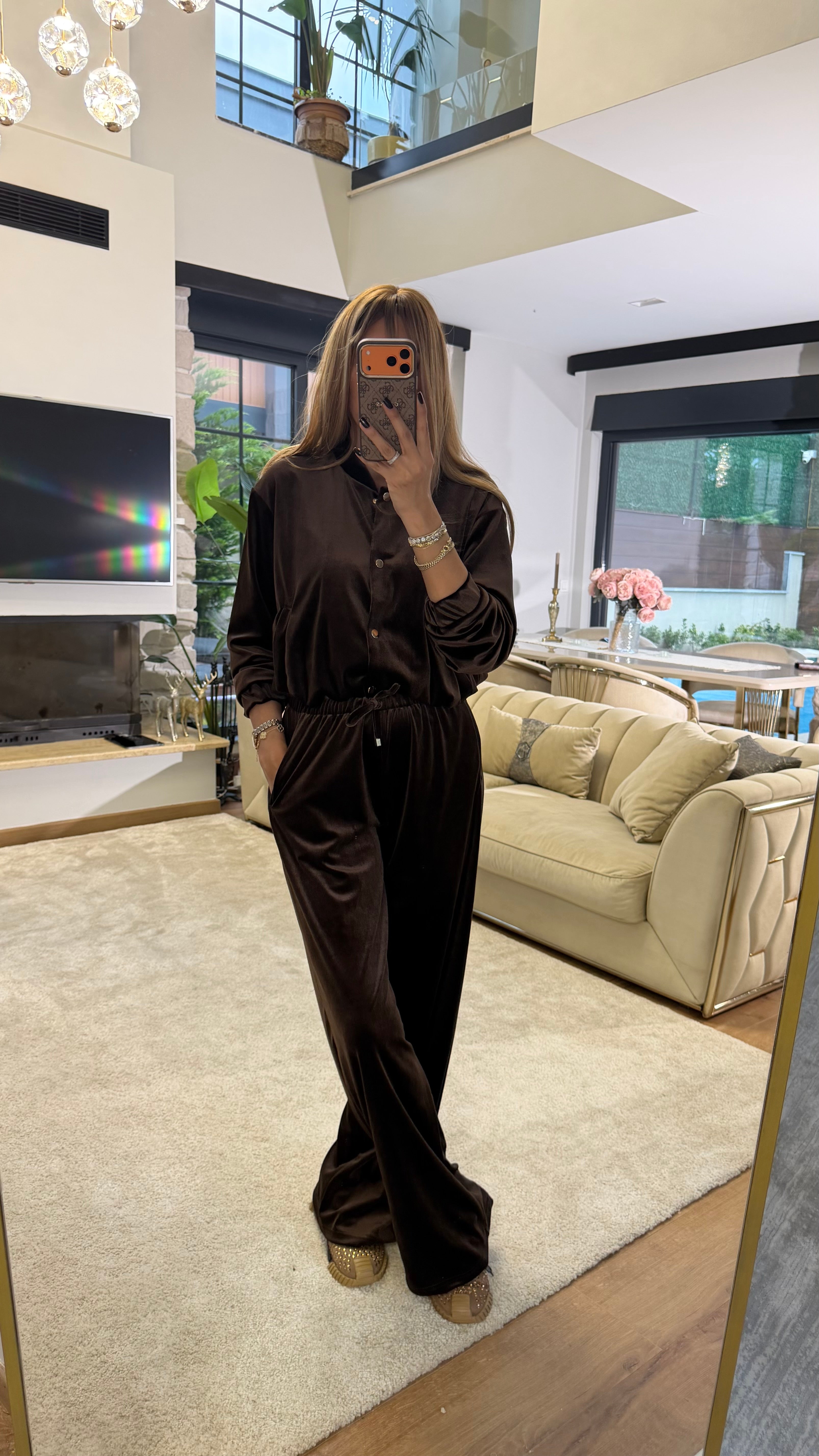 Kadife Çıt Çıt Detaylı Takım Acı Kahve