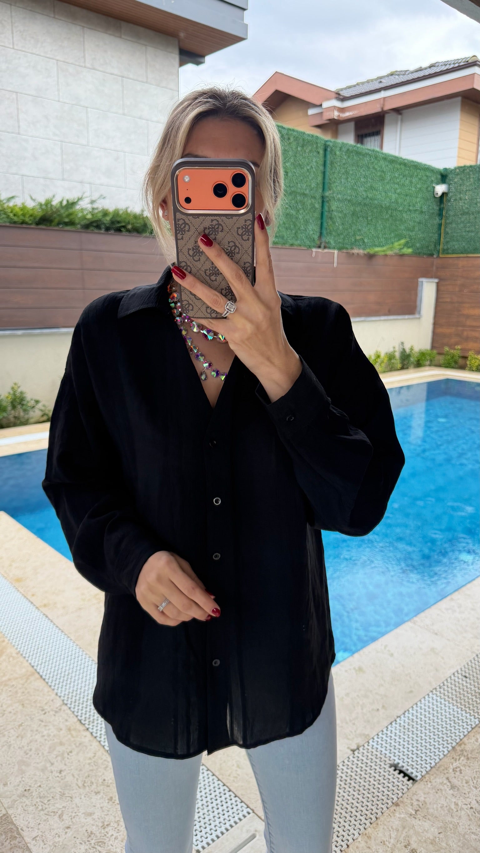 Kendinden Desenli Transparan Gömlek Siyah