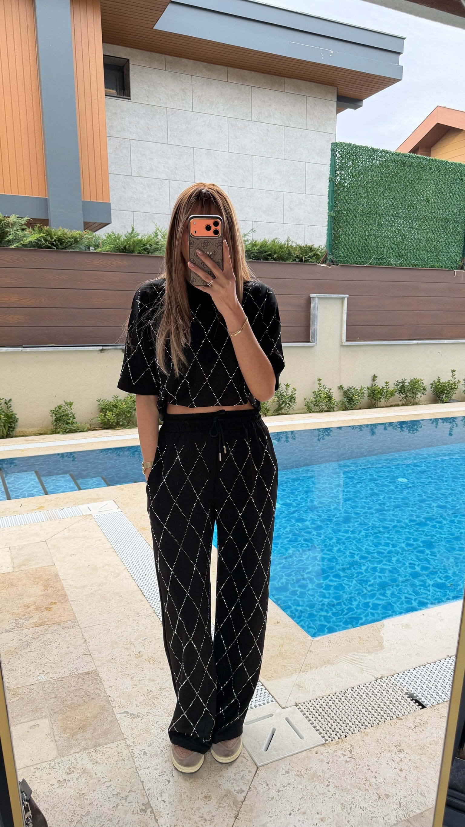 Baklava Desenli Taşlı İkili Tişört Takım Siyah