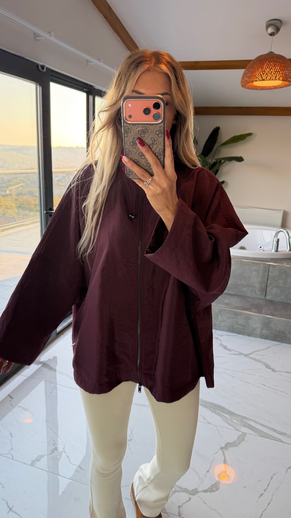 Oversize Kapüşonlu Fermuarlı Sweatshirt Ceket Mürdüm
