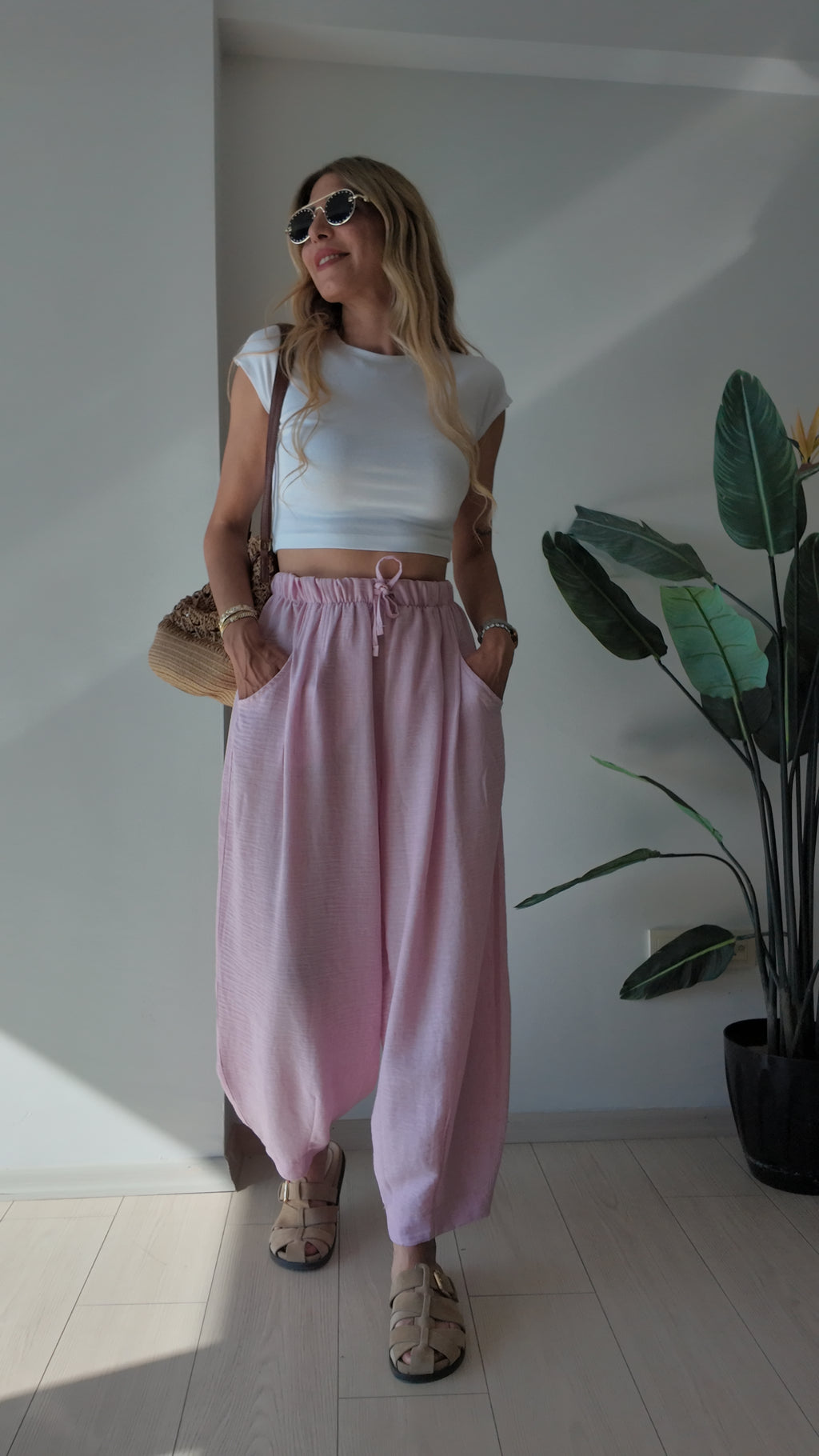 Luna Lounge Bol Kesim Belden Bağlamalı Yazlık Pantolon Pembe