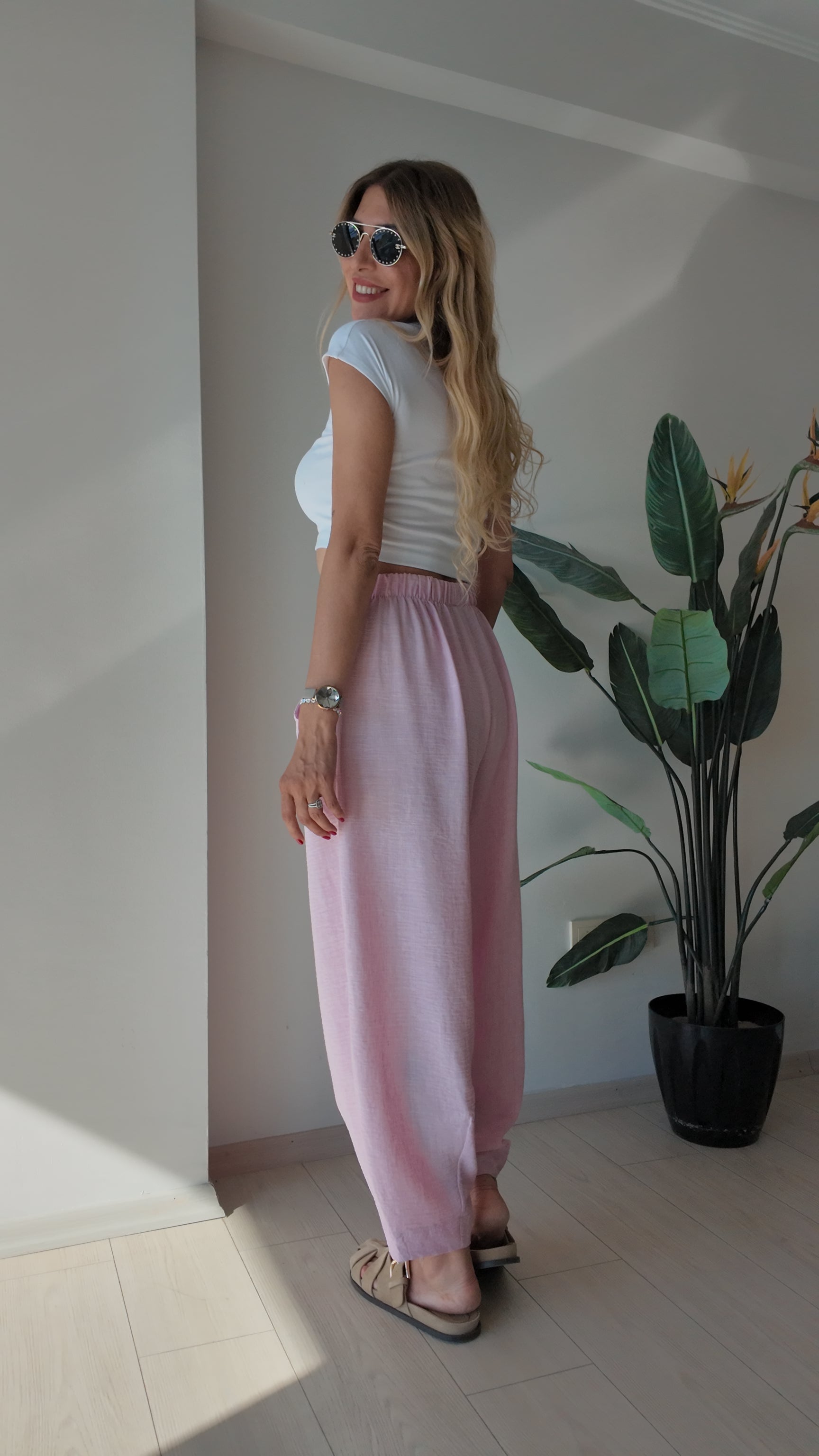 Luna Lounge Bol Kesim Belden Bağlamalı Yazlık Pantolon Pembe