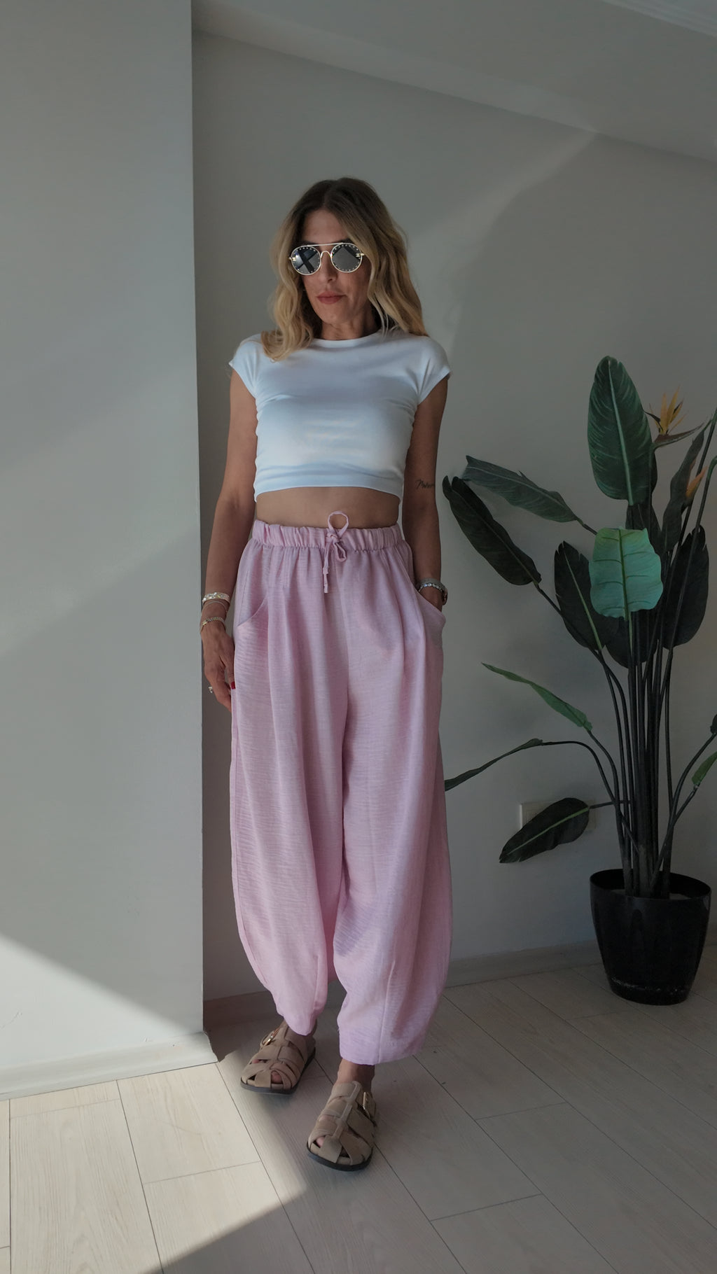 Luna Lounge Bol Kesim Belden Bağlamalı Yazlık Pantolon Pembe