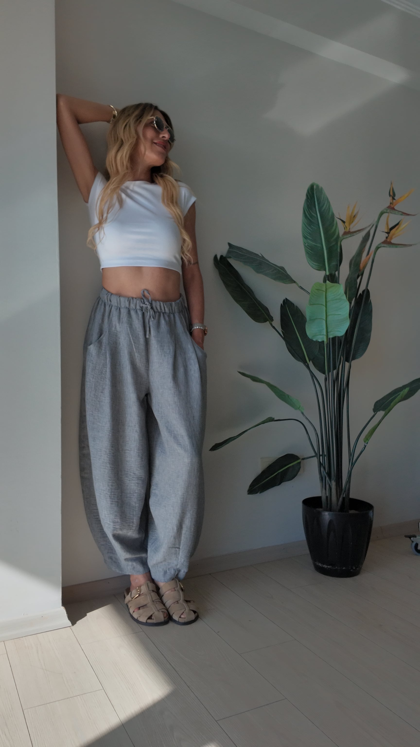 Luna Lounge Bol Kesim Belden Bağlamalı Yazlık Pantolon Gri