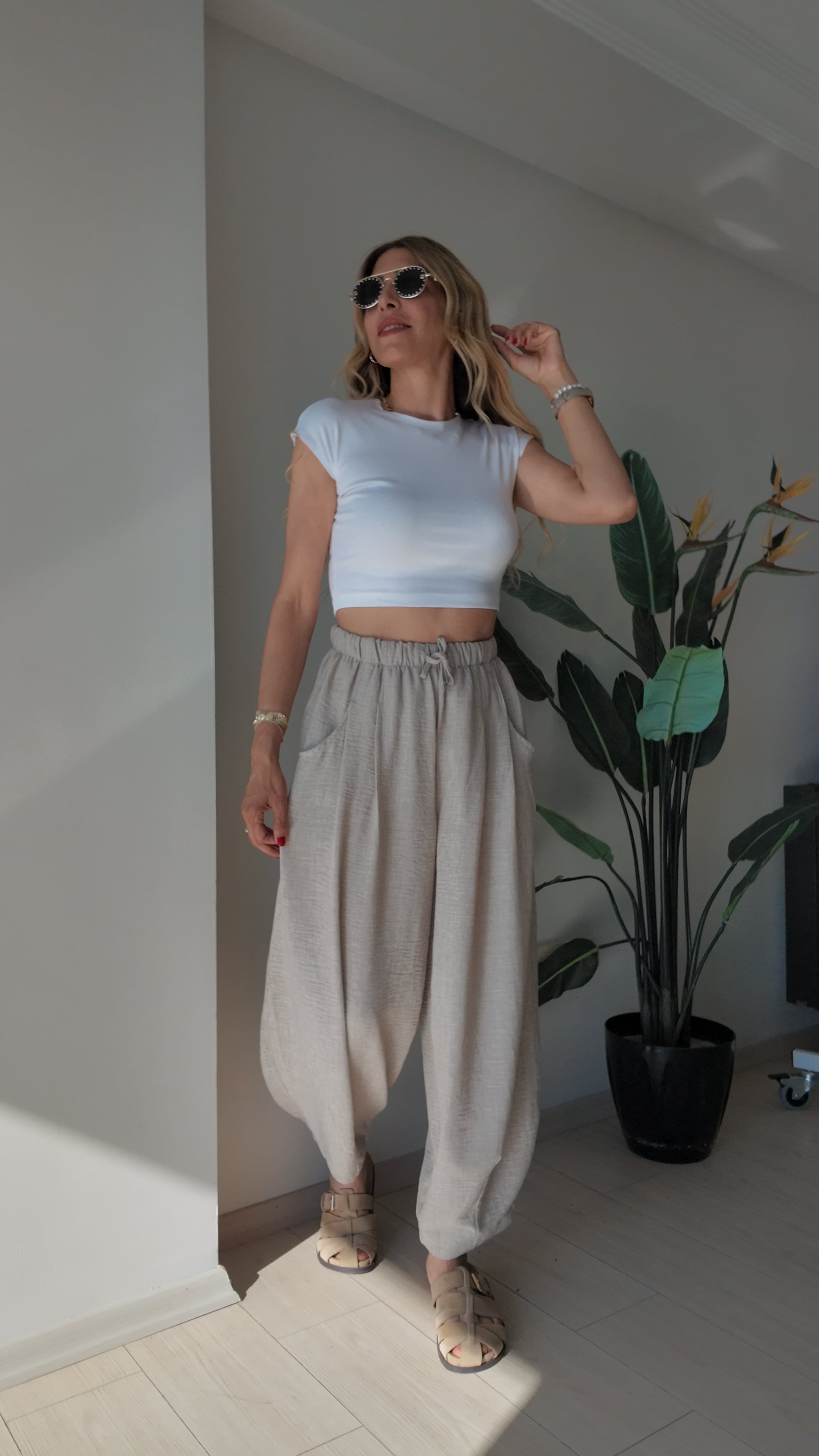 Luna Lounge Bol Kesim Belden Bağlamalı Yazlık Pantolon Bej