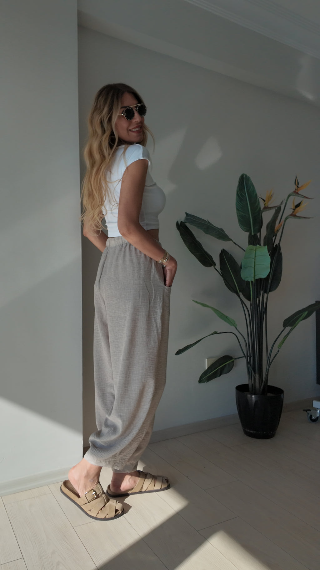 Luna Lounge Bol Kesim Belden Bağlamalı Yazlık Pantolon Bej