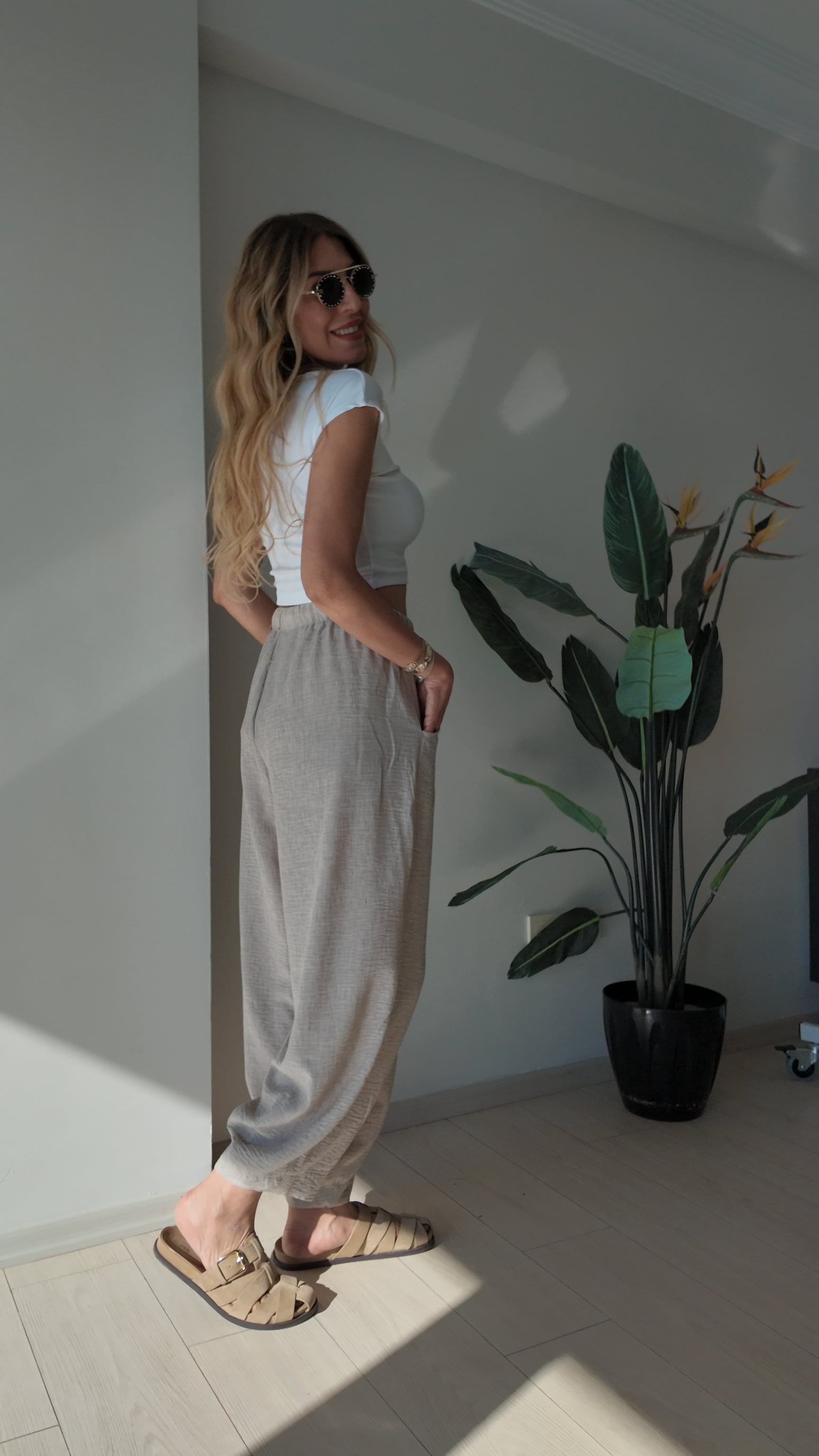Luna Lounge Bol Kesim Belden Bağlamalı Yazlık Pantolon Bej
