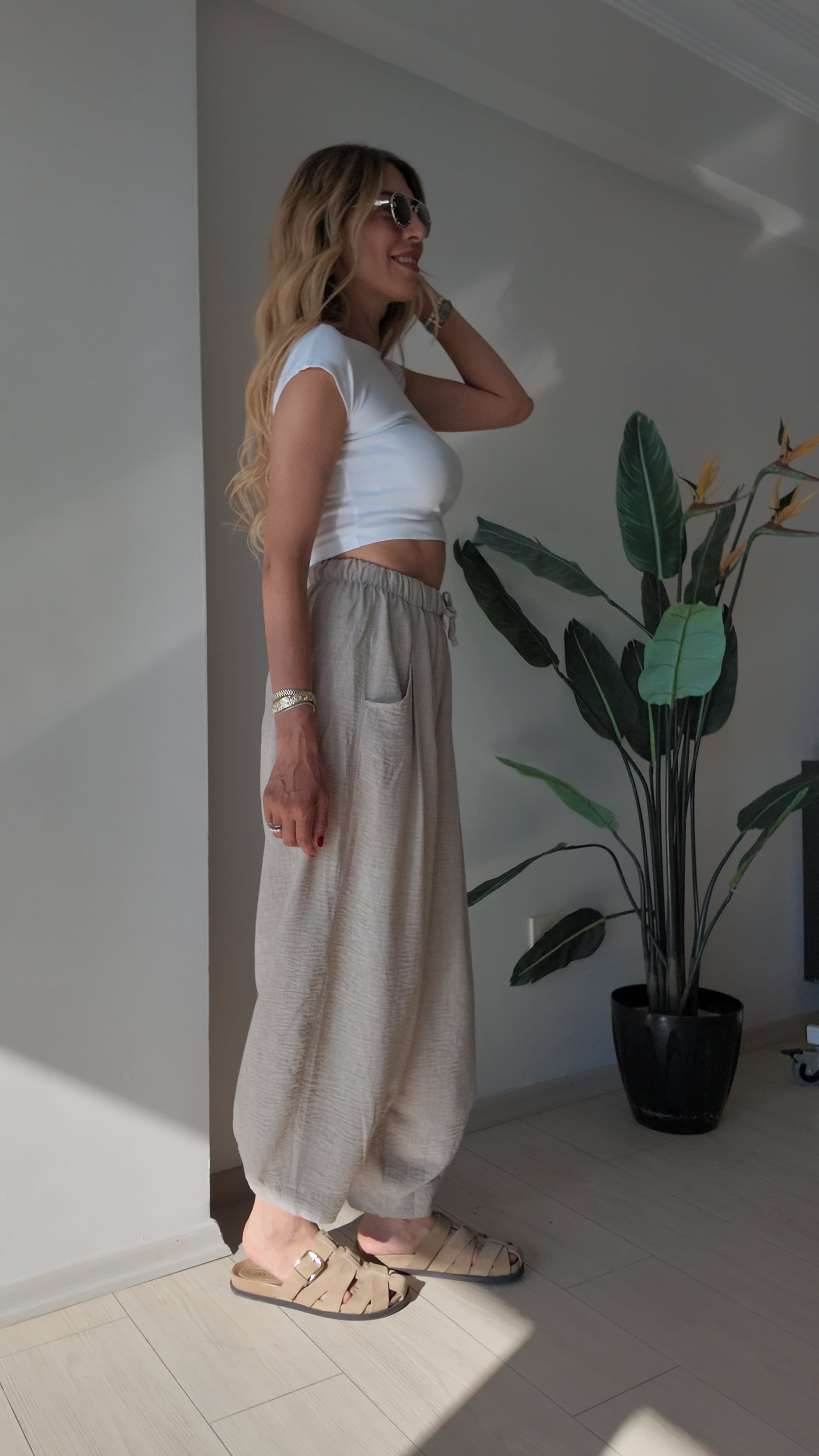 Luna Lounge Bol Kesim Belden Bağlamalı Yazlık Pantolon Bej