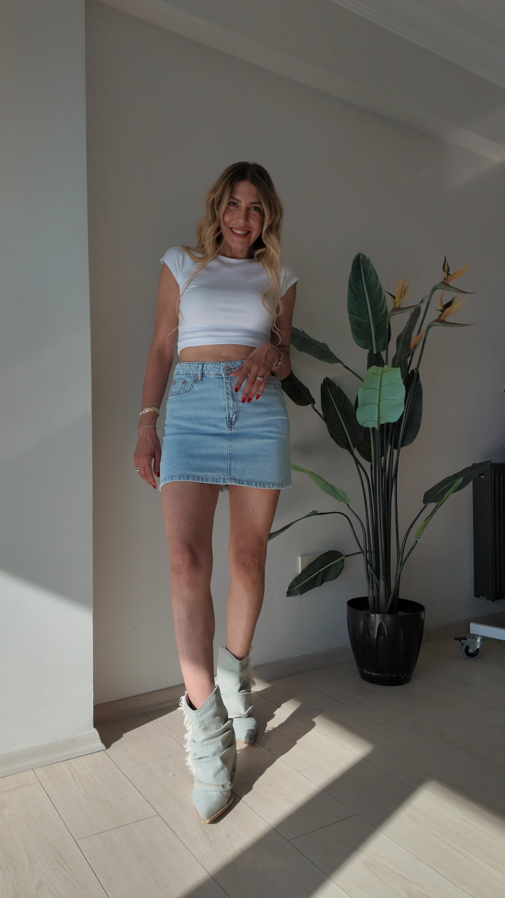 Skyline Denim Açık Mavi Yüksel Bel Kot Mini Etek
