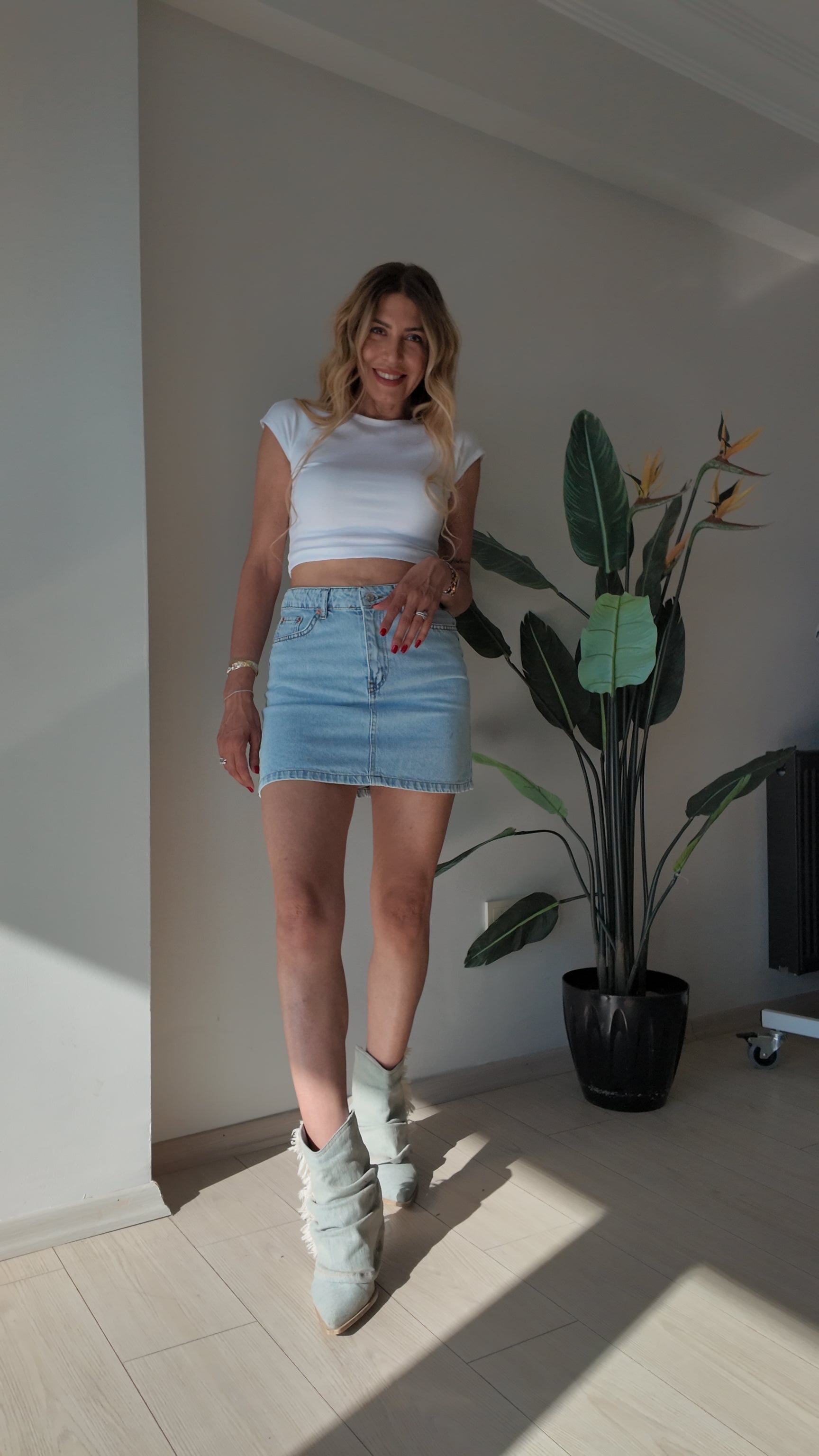 Skyline Denim Açık Mavi Yüksel Bel Kot Mini Etek