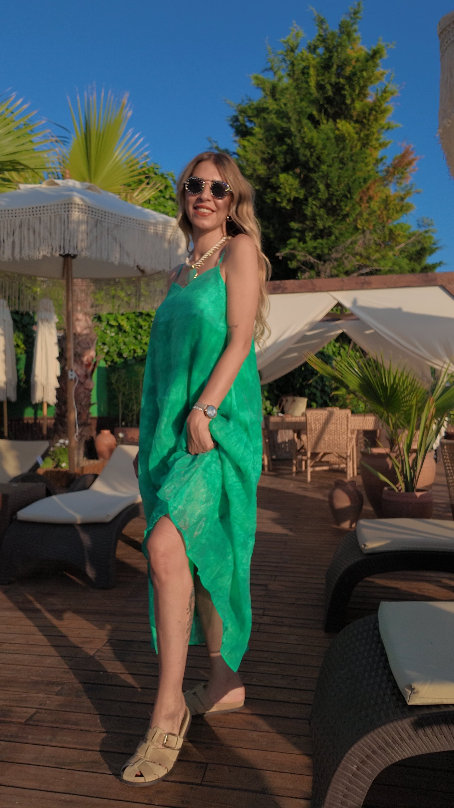 Sunset Flow Askılı Yazlık Uzun Elbise Yeşil