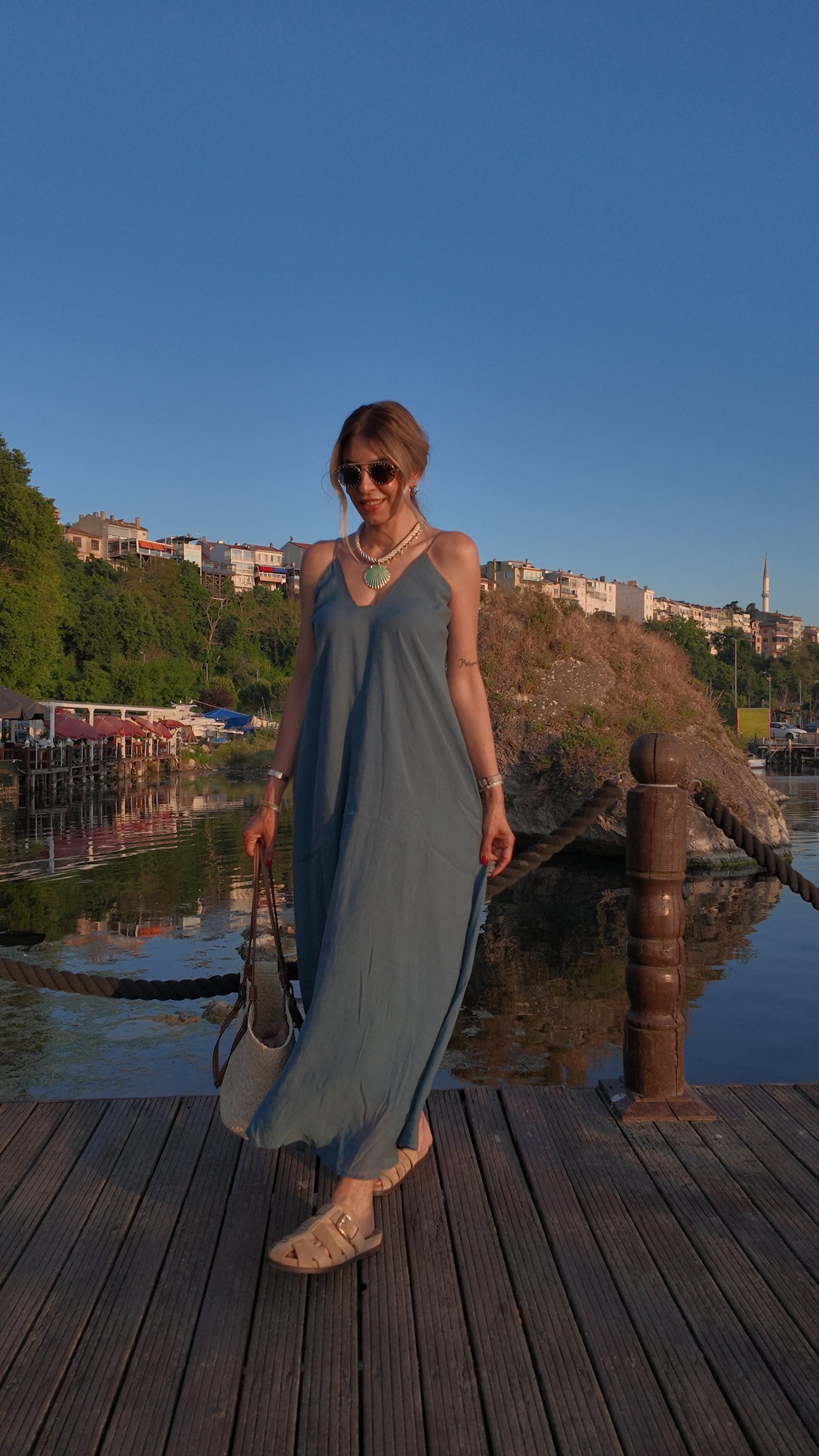 Ocean Whisper Askılı Salaş Yazlık Uzun Elbise Mavi