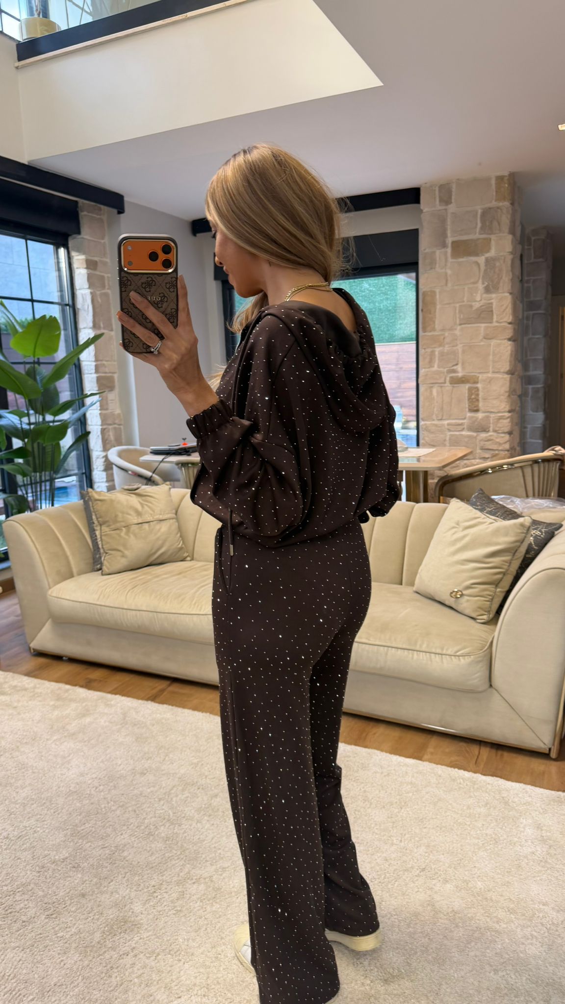 Fermuarlı Kapüşonlu Taşlı İkili Takım Acı Kahve