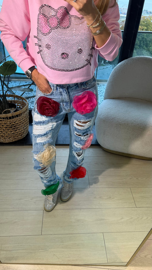 Çiçekli Renkli Aplik Detaylı Denim