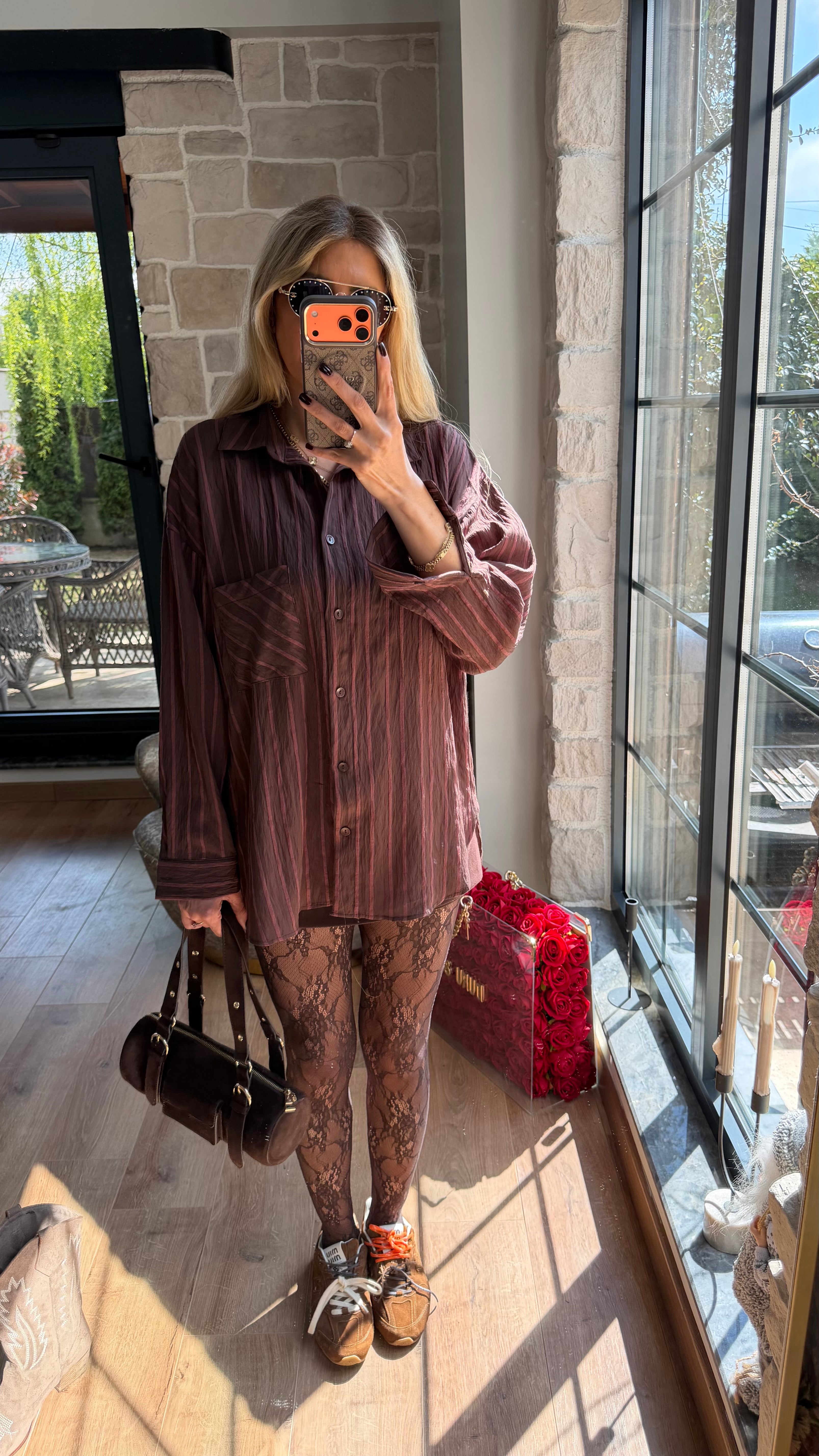 Çizgili Viscon Gömlek Acı Kahve