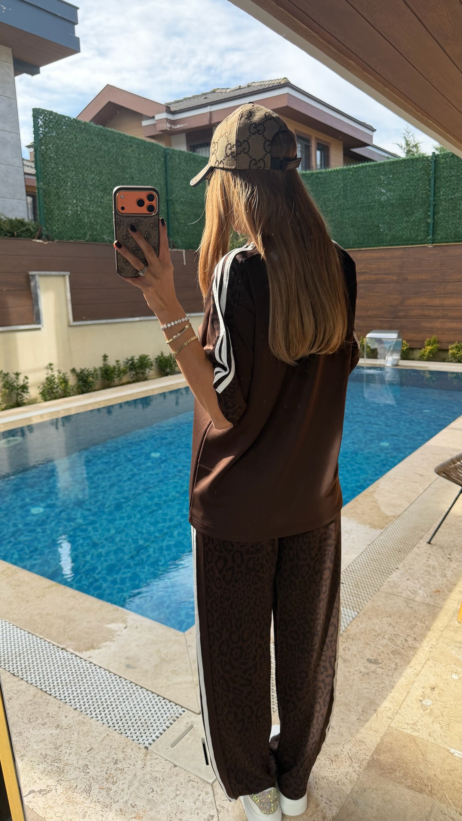 ADS Yan Çizgili Salaş Leopar Tişört Takım Acı Kahve