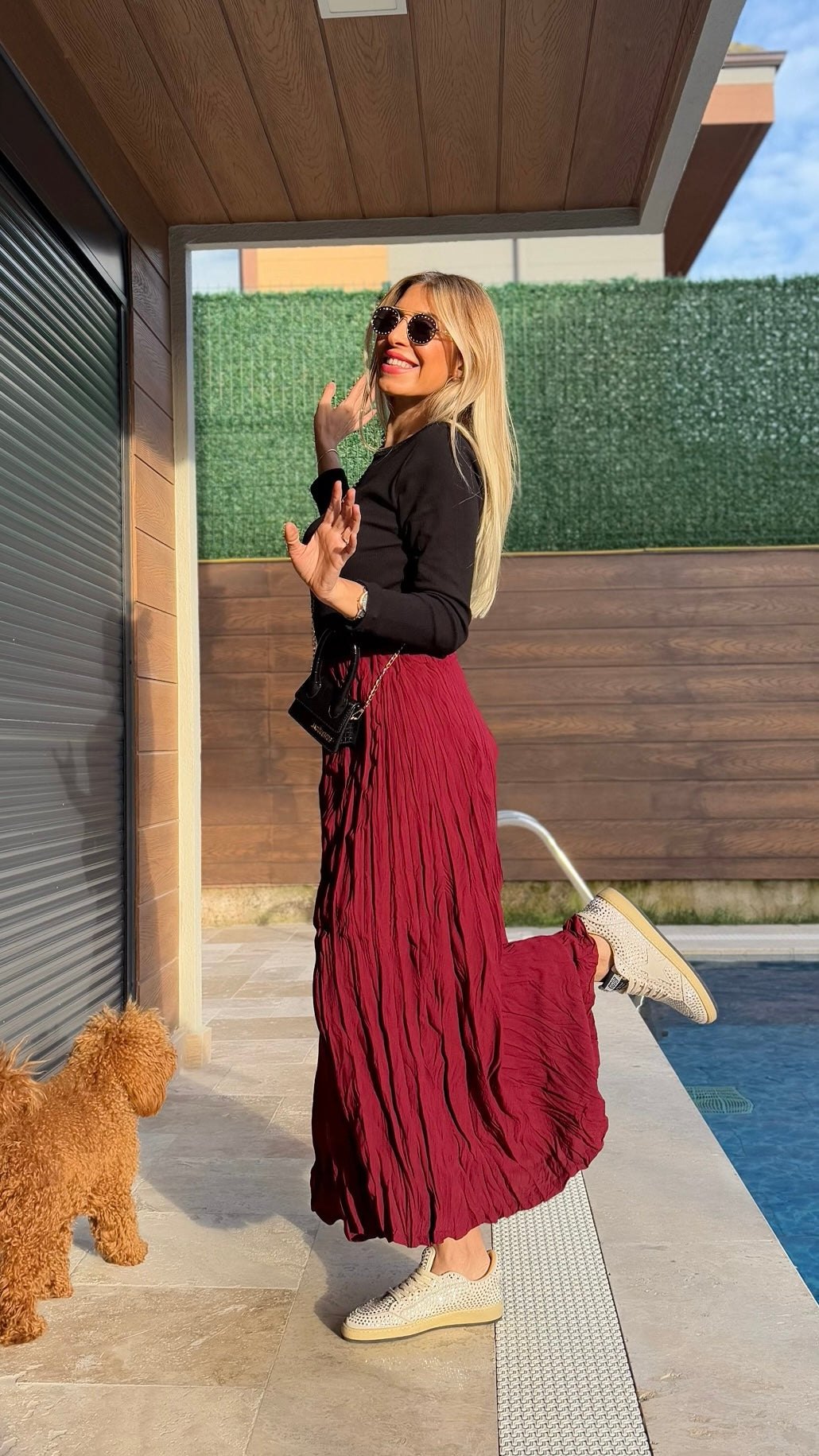 Crush Kırışık Etek Bordo